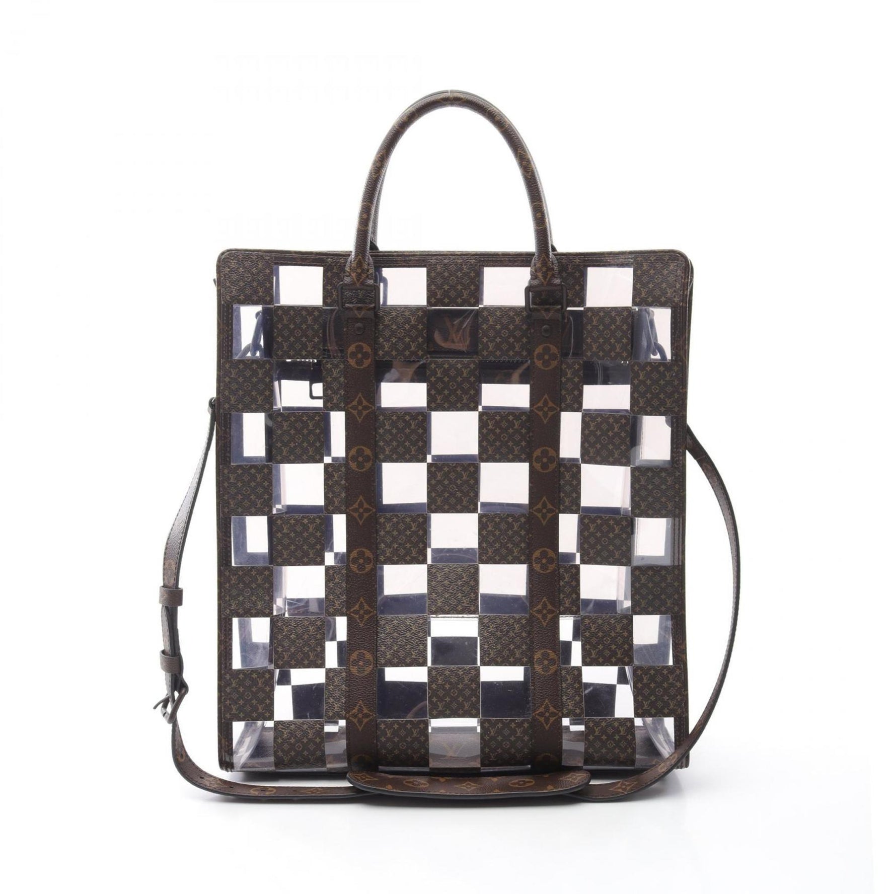 Louis Vuitton Sac Plat Monogram Chess Tote Bag Coated Canvas Vinyl Men's Brown Clear