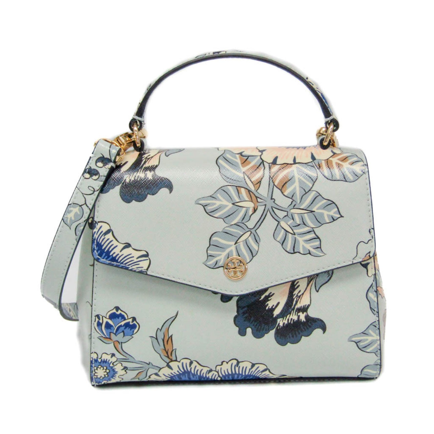 Tory Burch Robinson Floral Women's Leather Handbag,Shoulder Bag Light Blue,Multi-color