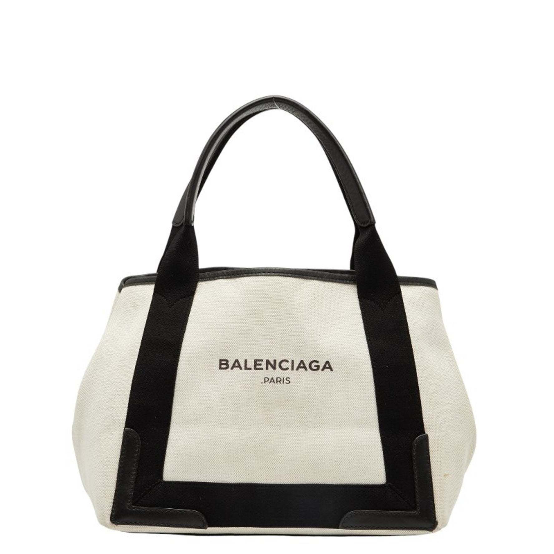 Balenciaga Navy Cabas Small Handbag in Beige and Black Canvas Leather.