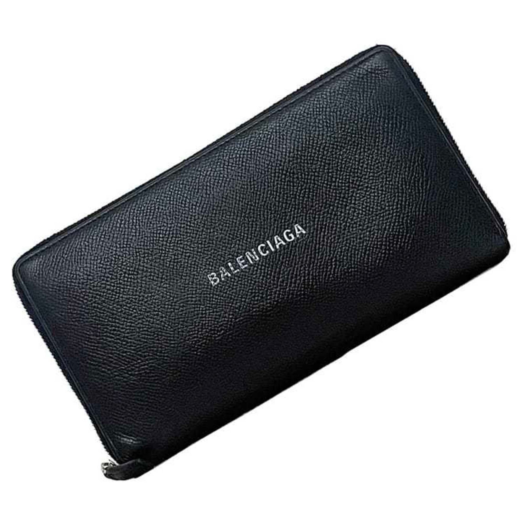 Balenciaga Round Long Wallet ec-23466 Black Everyday Leather BALENCIAGA Print Women Men