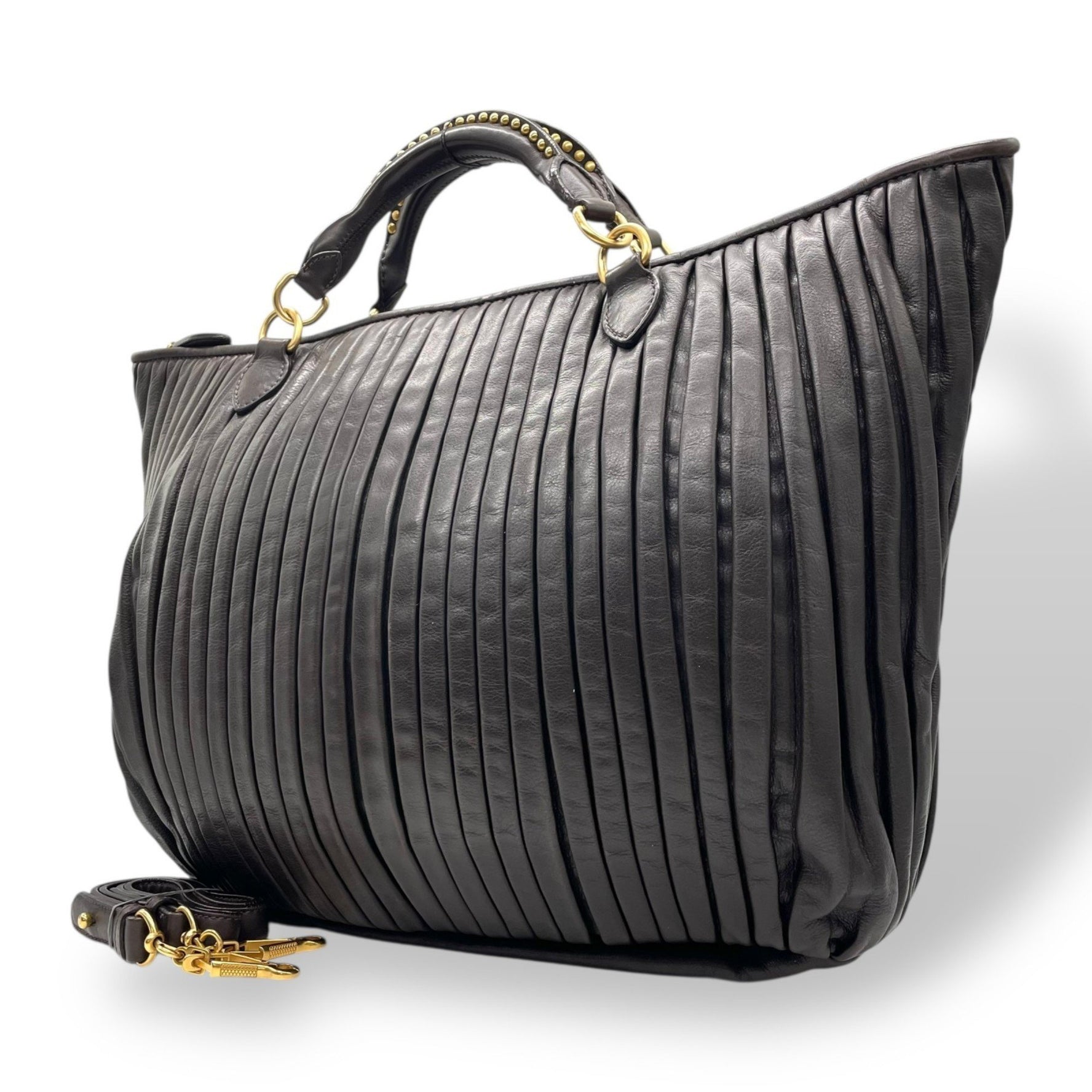 Miu Miu Miu tote bag, handbag, gathered pleated leather with studs, dark gold hardware, size C