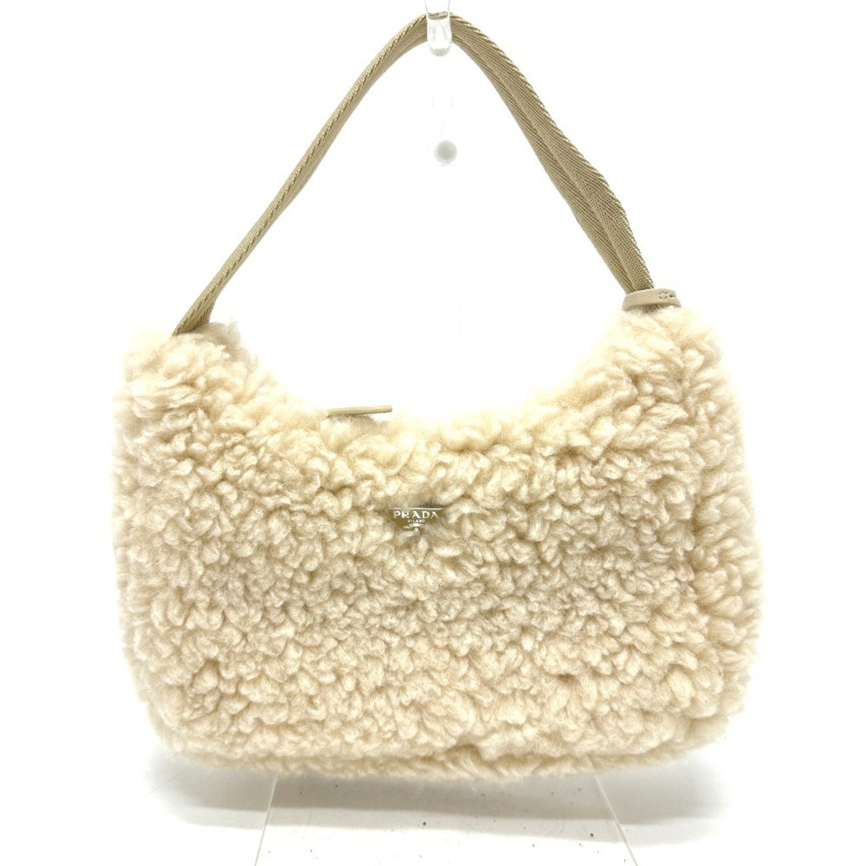 PRADA Triangle Logo Plaque Fur Bag Shoulder Handbag Sheepskin