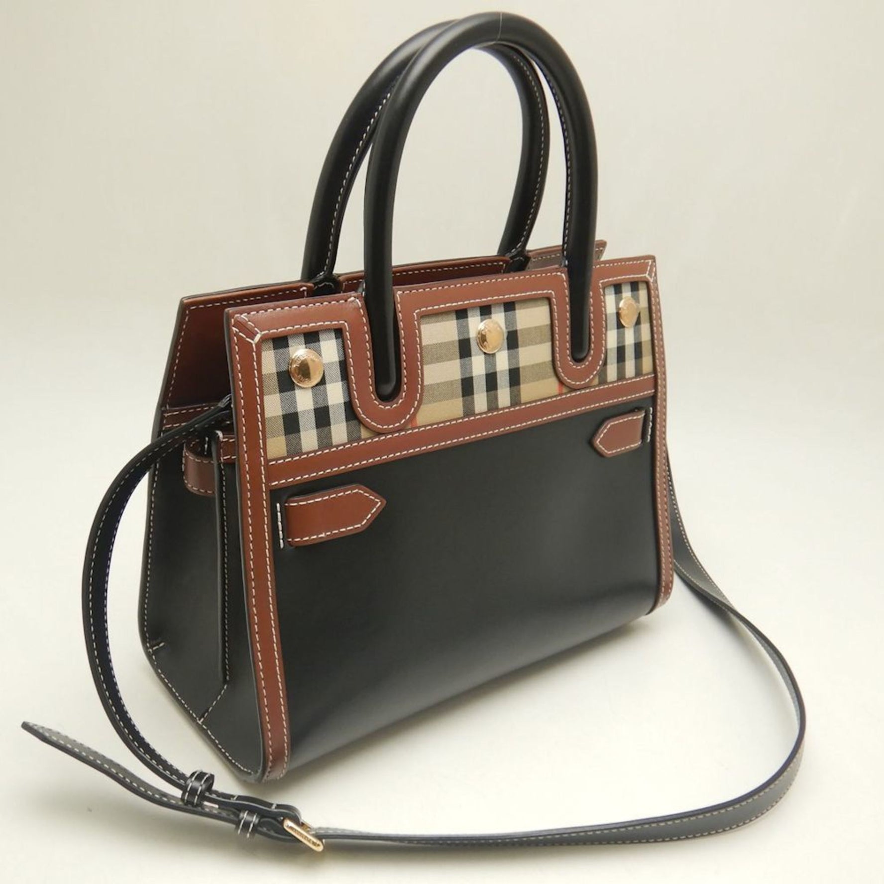 BURBERRY Tote Bag Nova Check Leather x Canvas Black Beige
