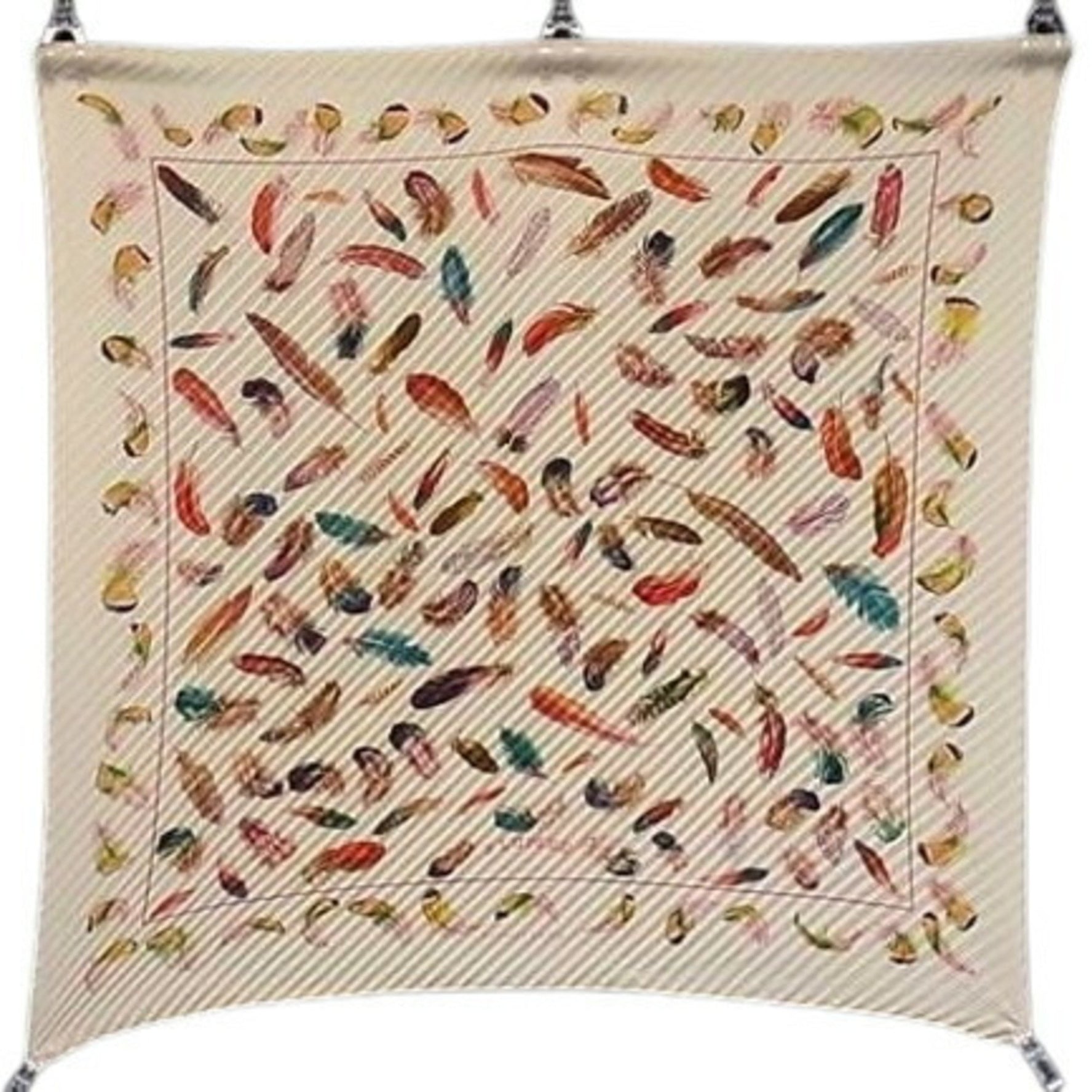 HERMES Carré 90 Pleated Scarf with Plumes and Feathers - Beige Multicolor, 100% Silk