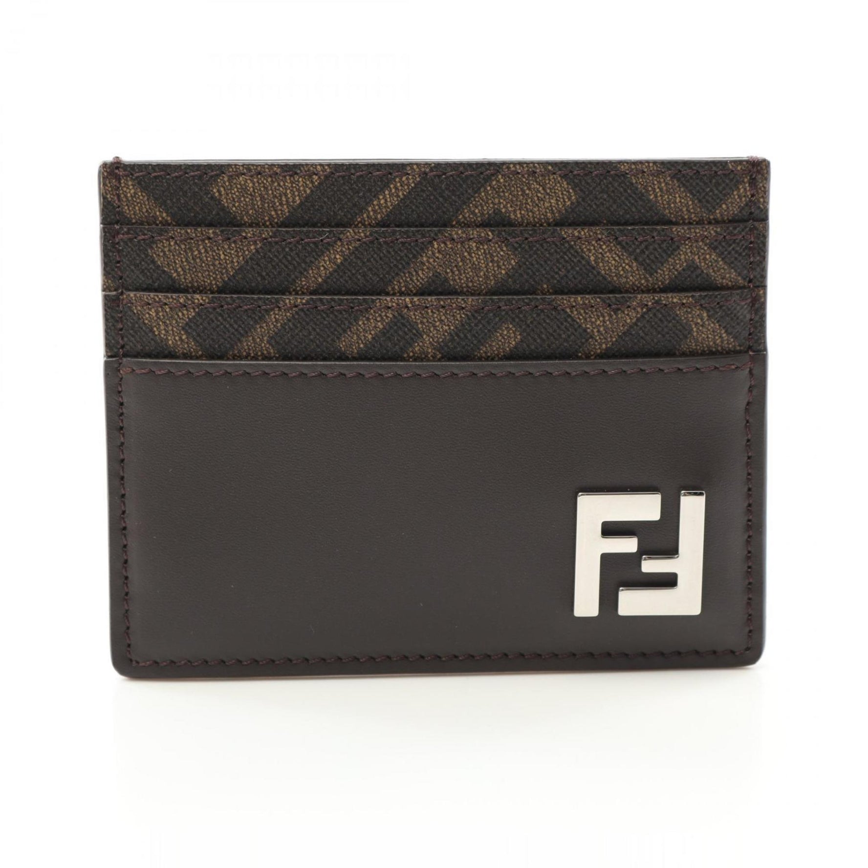 FENDI FF Business Card Holder/Card Case Leather Coated Canvas Brown Black