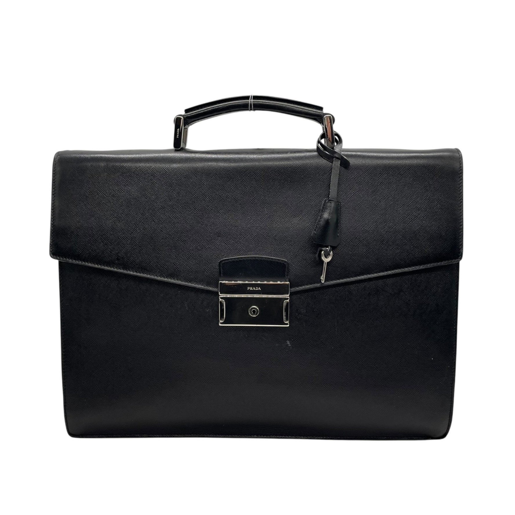 PRADA Prada Business Bag, Dulles Briefcase, Black, Nero Saffiano Leather, Silver Hardware, Logo, Crochet, Men's, Size D