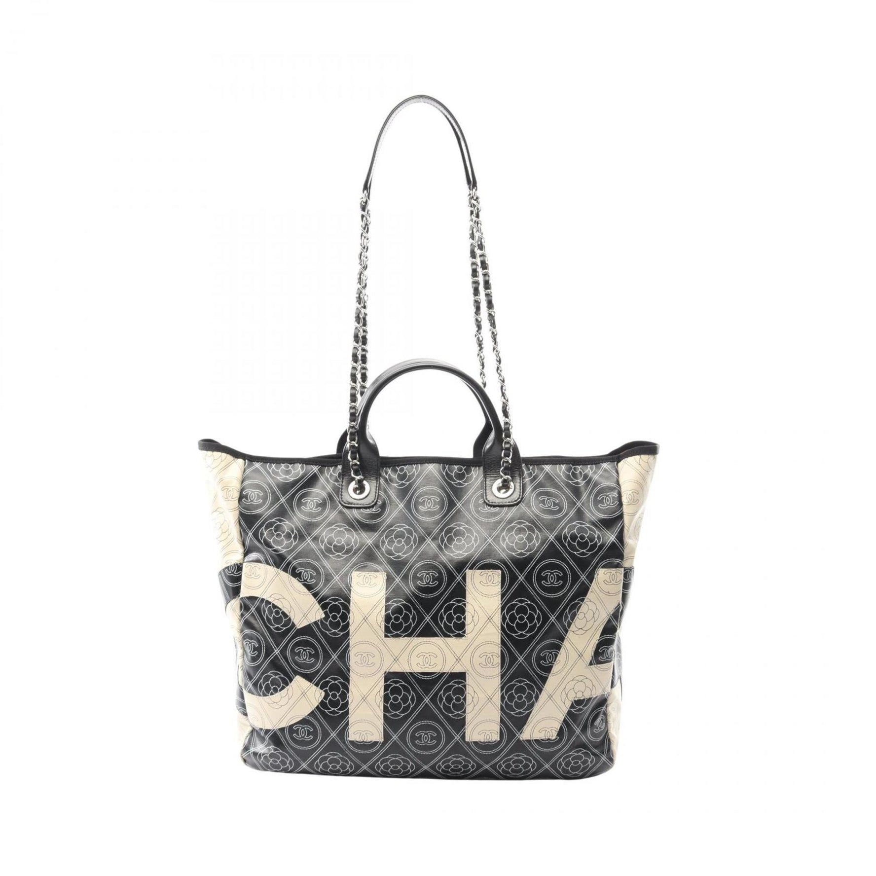 CHANEL Coco Mark Camellia Tote Bag, Coated Canvas and Leather, Black Beige