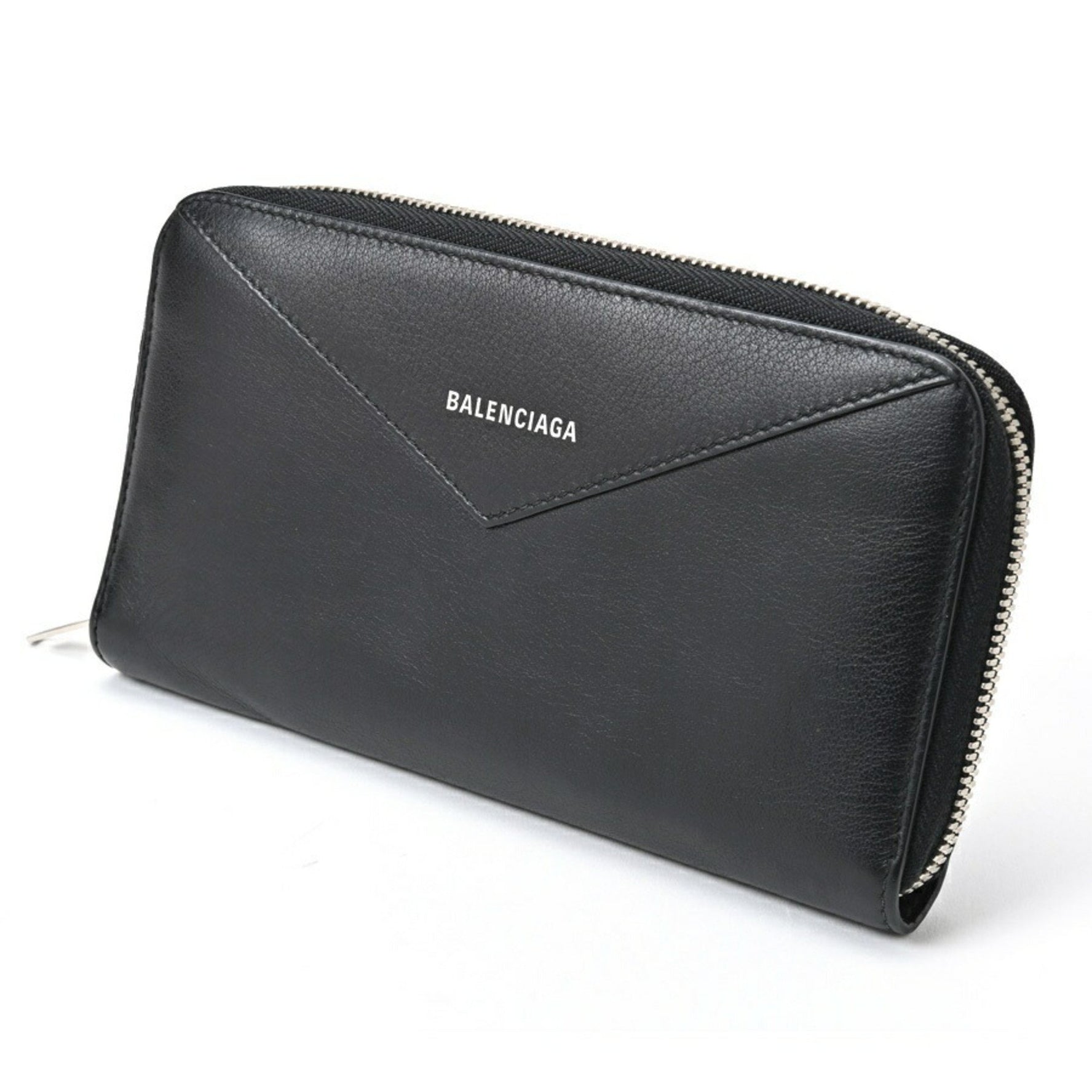 BALENCIAGA Paper Continental Round Wallet Zip Leather Black E-156653