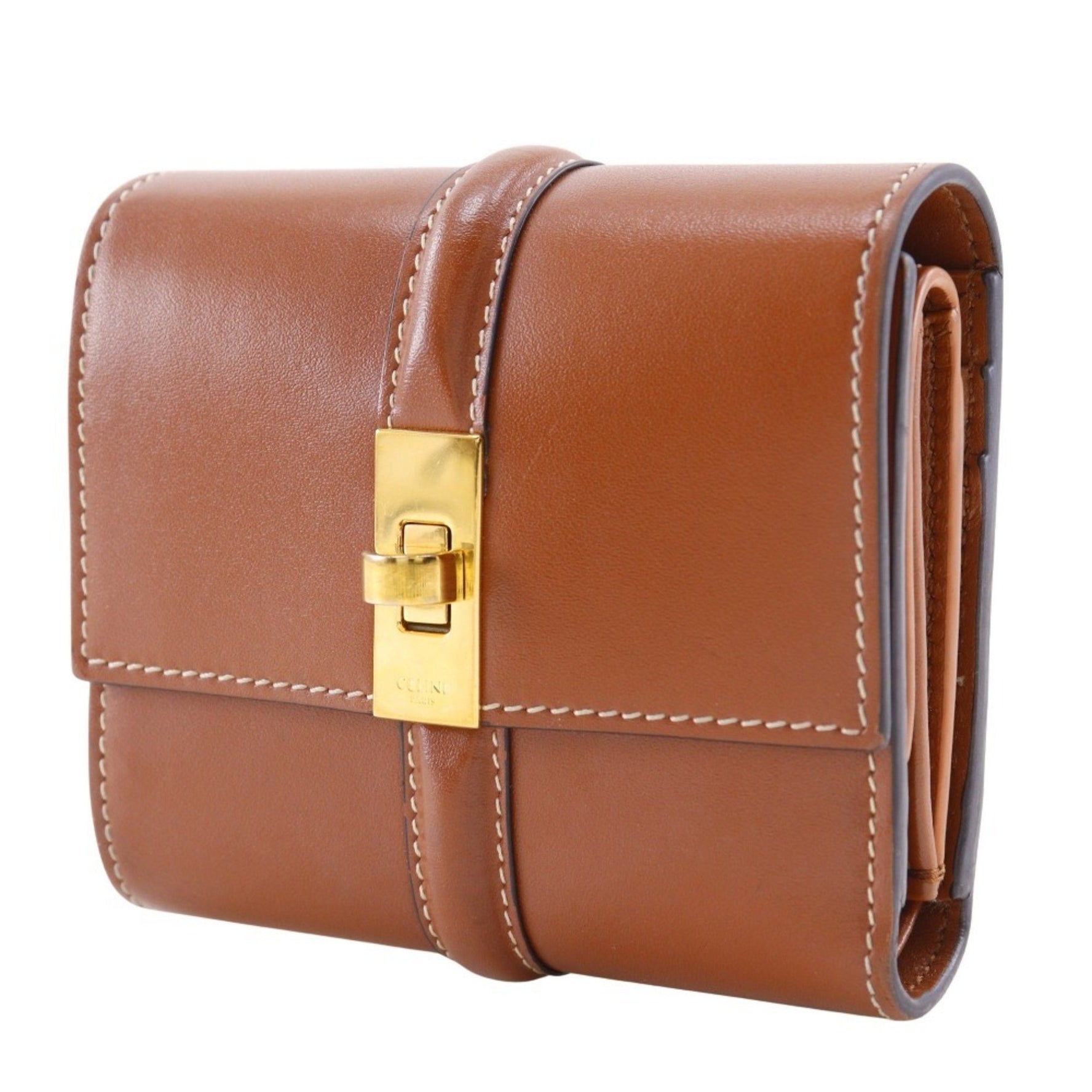 Celine Small Trifold Wallet, Size 16 (Ceze) x Satined Calfskin, Made in Italy, Snap Button