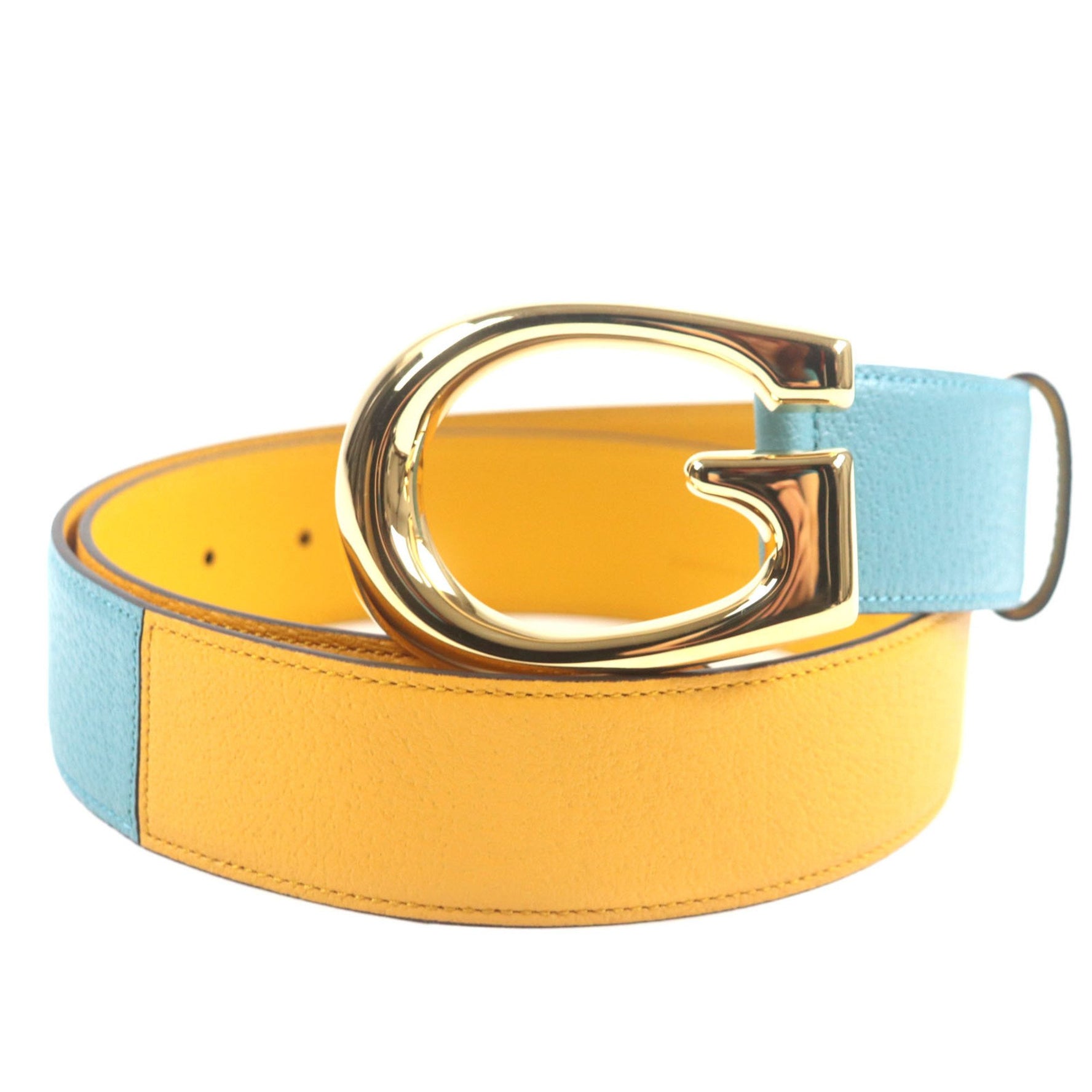 GUCCI Memorable Buckle G logo buckle, two-tone leather belt in yellow and blue with gold hardware, size 90/36, includes dust bag, made Italy