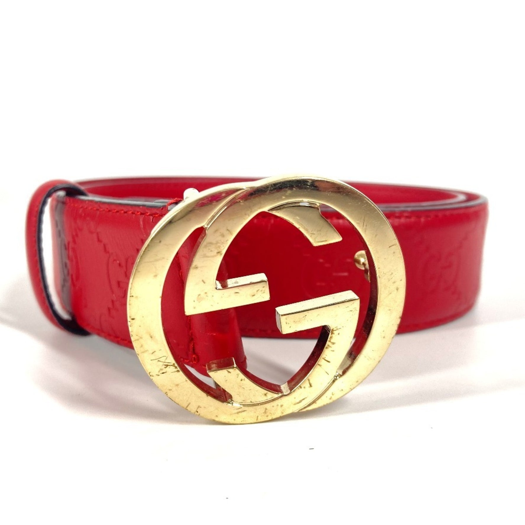 GUCCI Guccissima GG Buckle Accessory Double G Belt in Shimmering Leather, Red