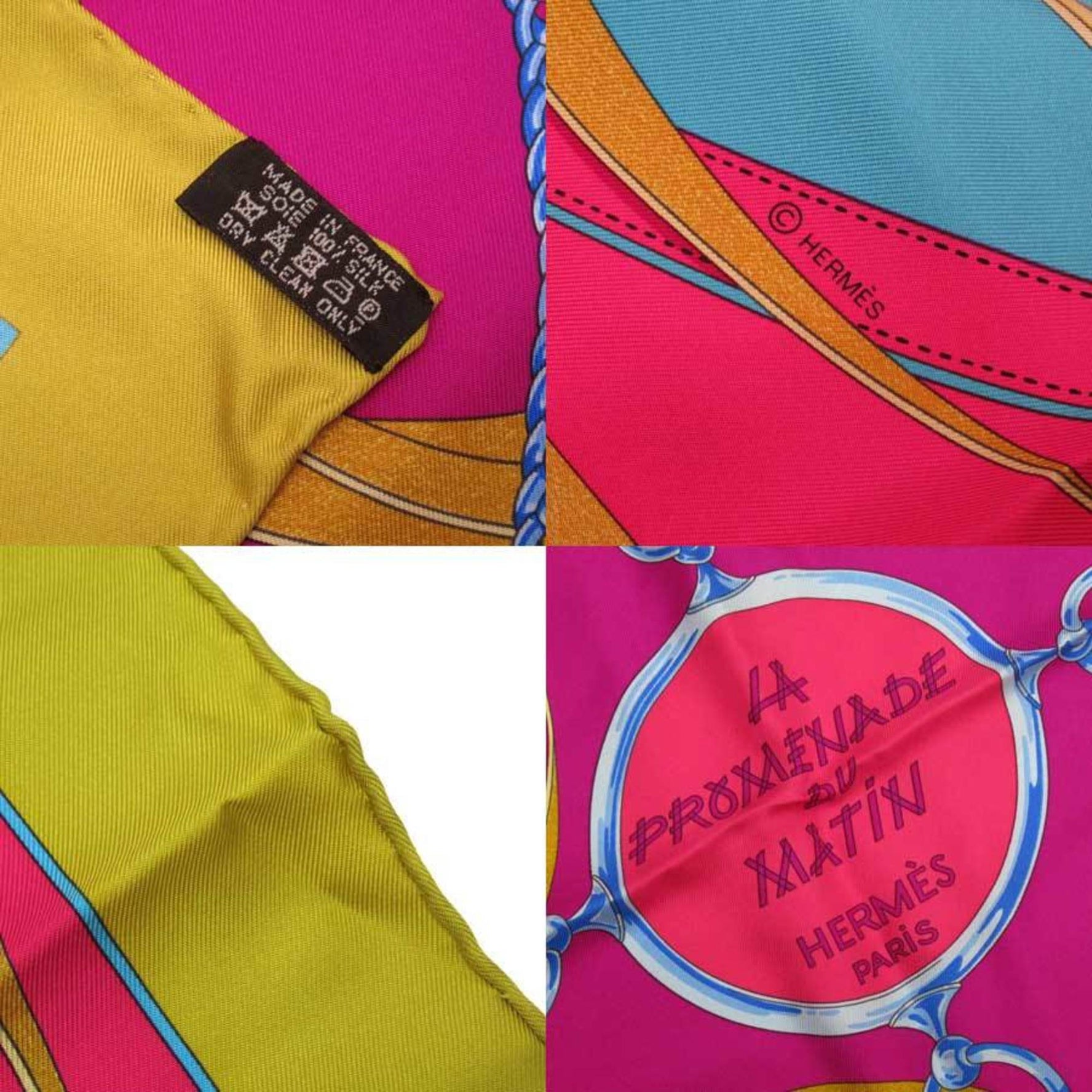 Hermes Scarf Carre 90 LA PROMENADE DU MATIN Morning Walk Blue Gold Pink 100% Silk