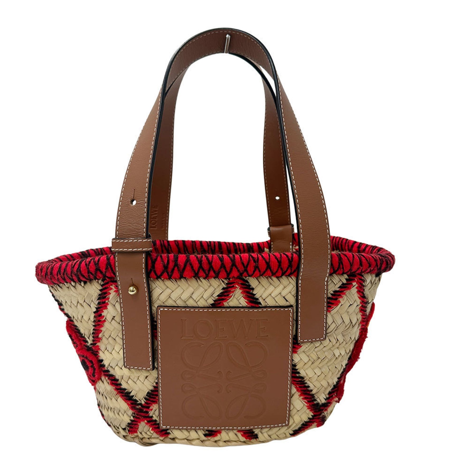 LOEWE Straw Leather Basket Bag, William de Morgan, Red