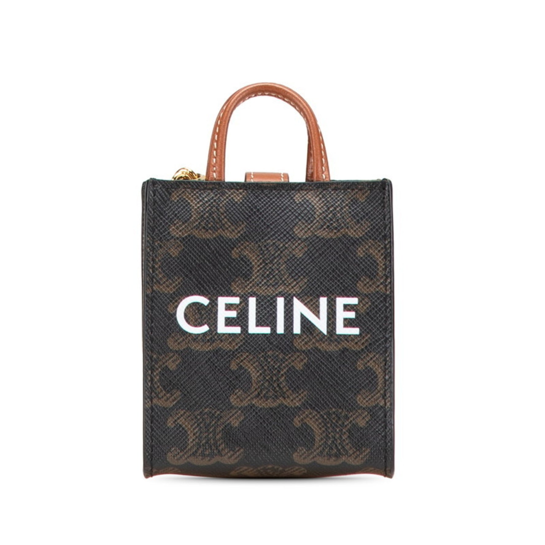 Celine Triomphe Micro Vertical Cabas Charm Keyring in Brown PVC and Leather for Women.