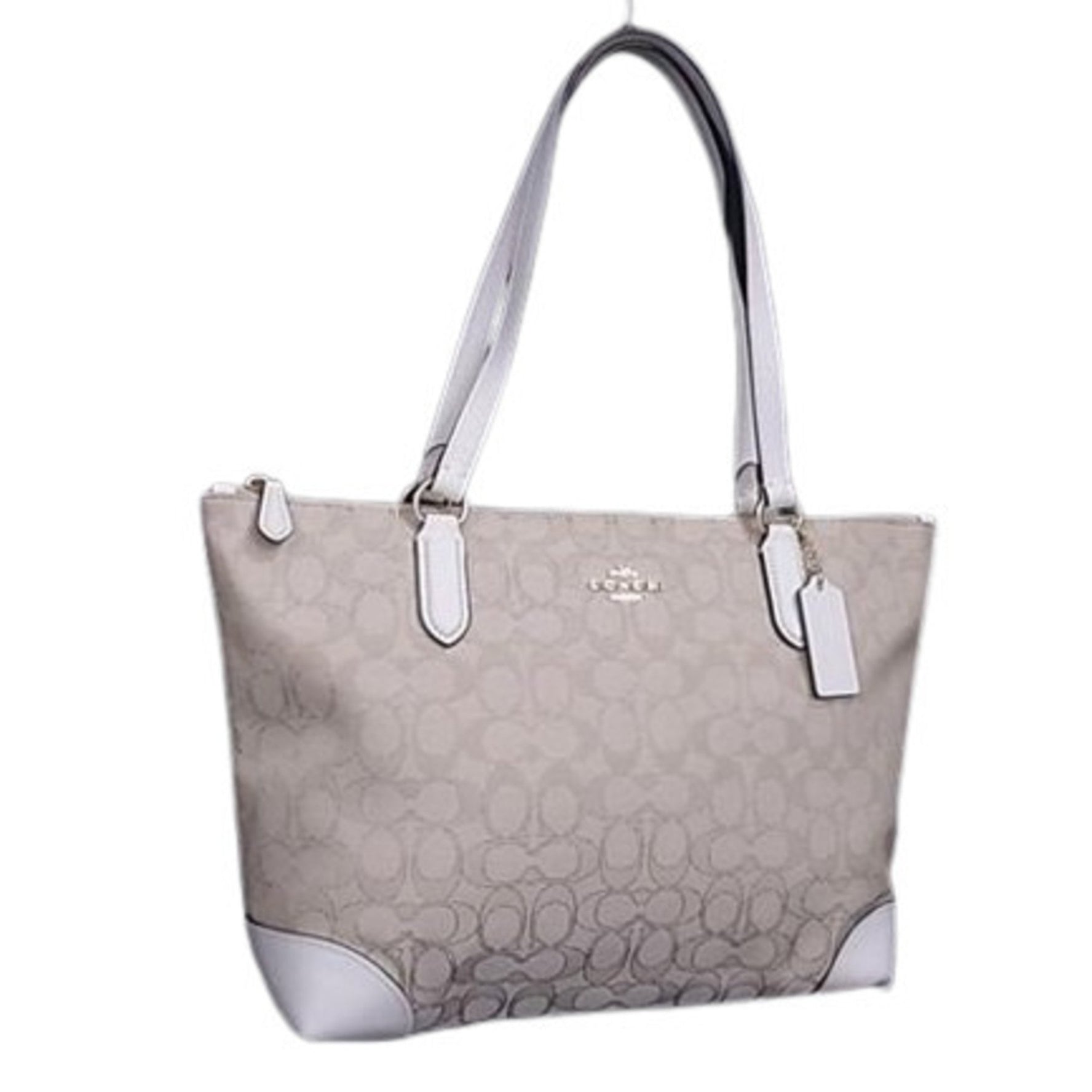 COACH Signature Tote Bag Beige White Canvas Leather