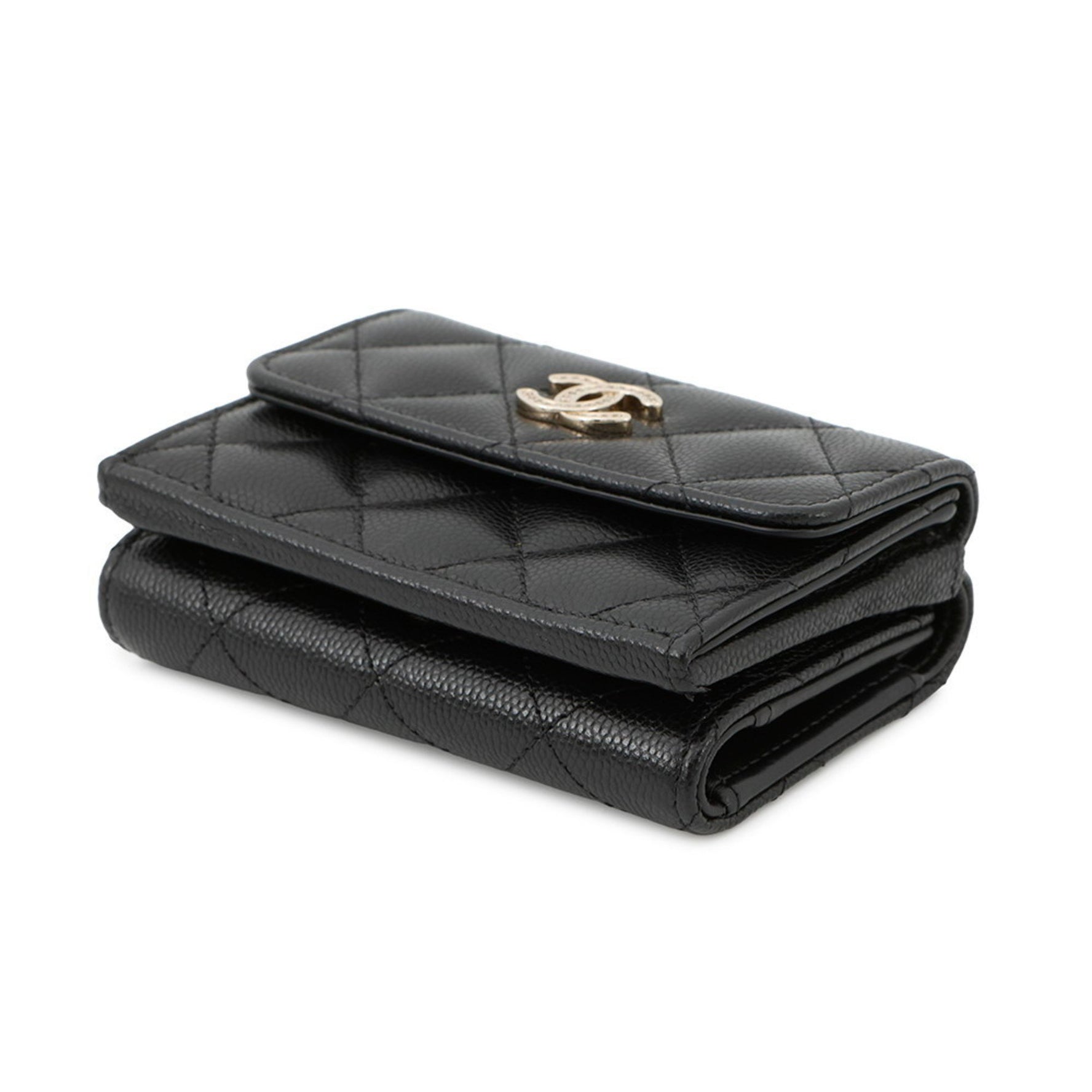 CHANEL Matelasse Coco Mark Small Flap Tri-fold Wallet with Caviar Leather and Rhinestones, Black, AP3518