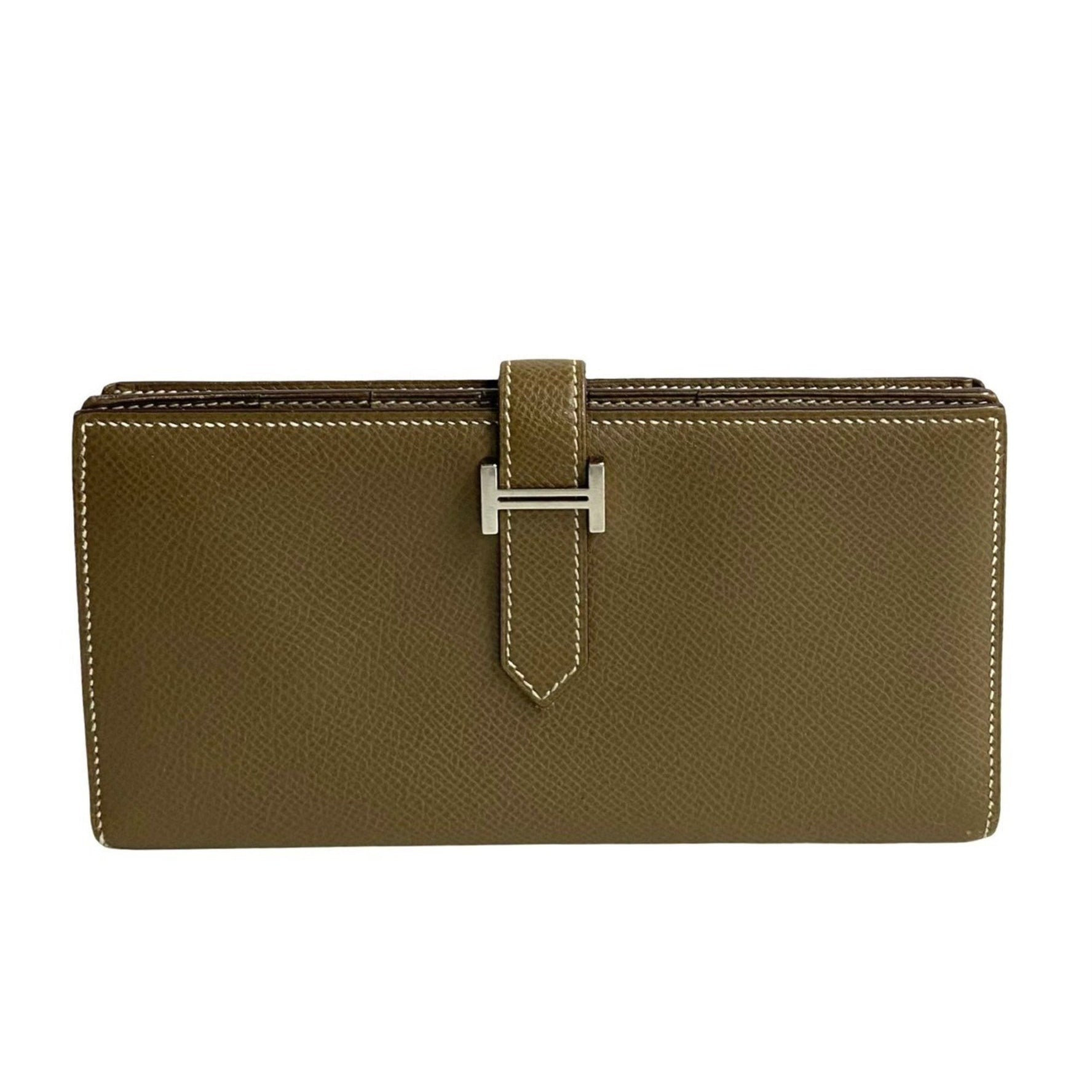 HERMES Bearn Soufflet Epsom Leather Bifold Wallet with Bill Compartment, Etoupe Leather,