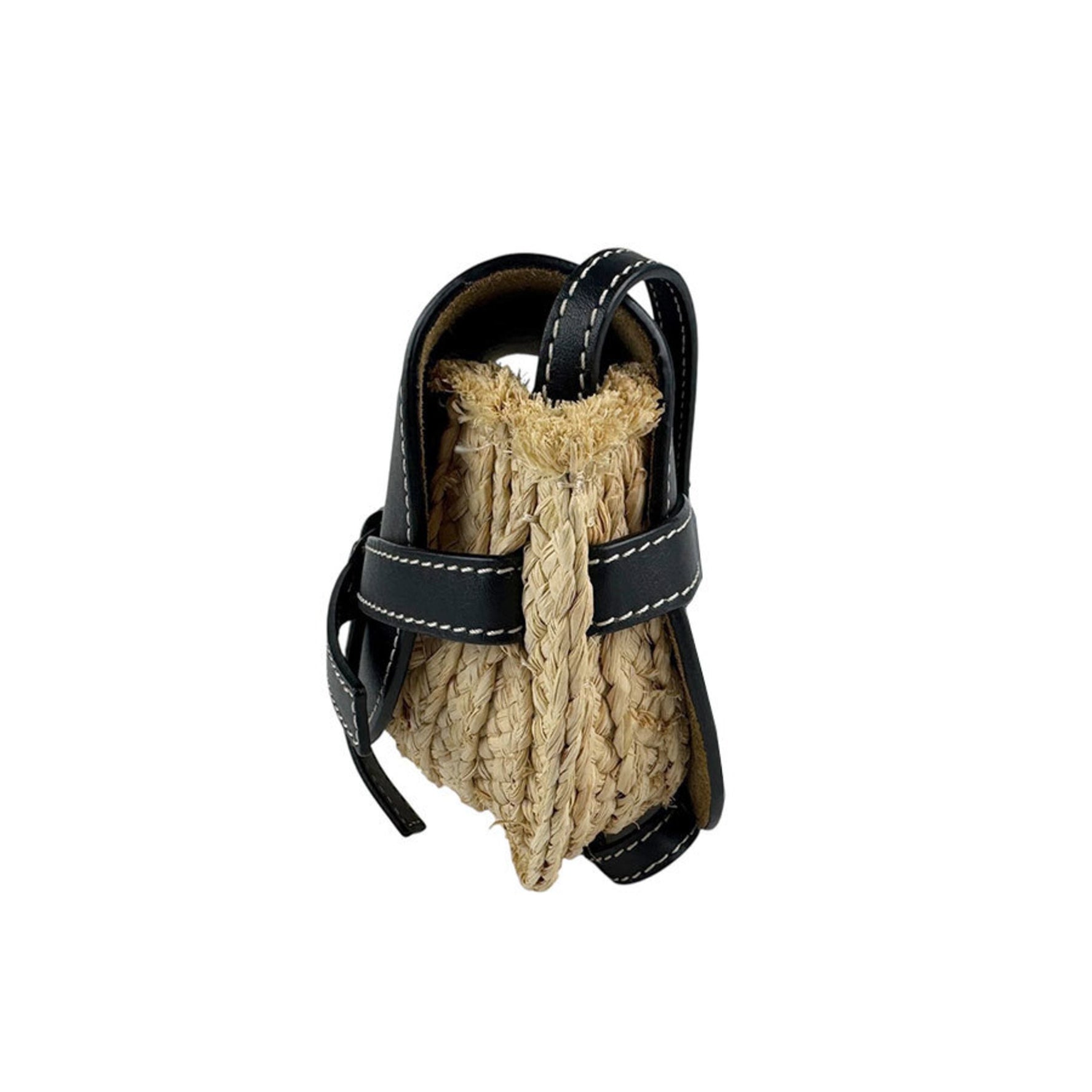 LOEWE Mini Gate Shoulder Bag in Leather, Raffia, Black, and Beige