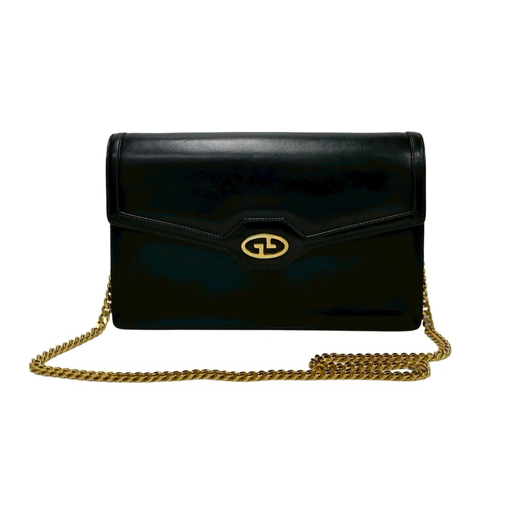 GUCCI Old Gucci GG Logo Hardware Calf Leather Genuine Chain Shoulder Bag Black