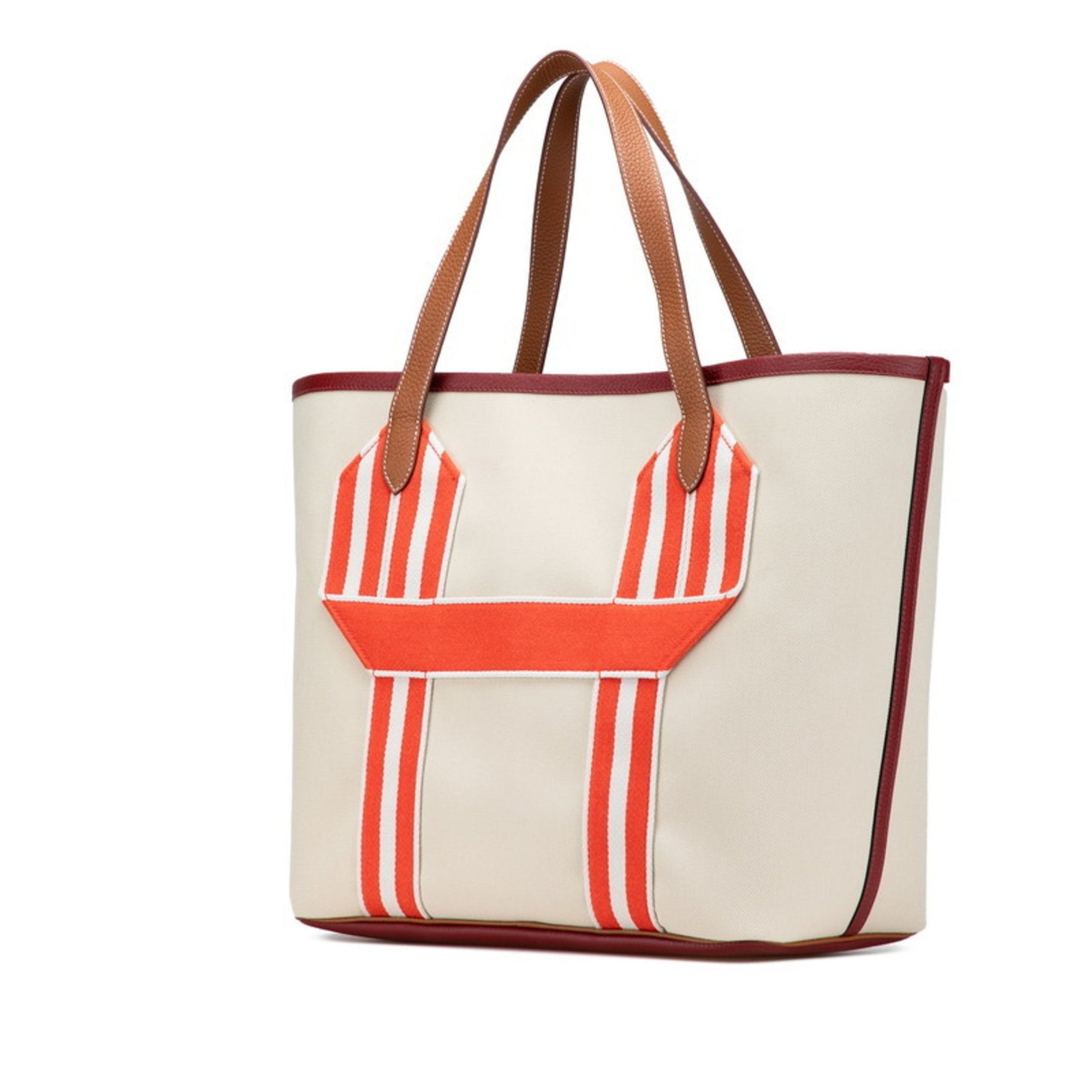 Hermes Hermès Pur Sangle Tote Bag in Beige, Red, and Brown Taurillon Clemence Toile Militaire.
