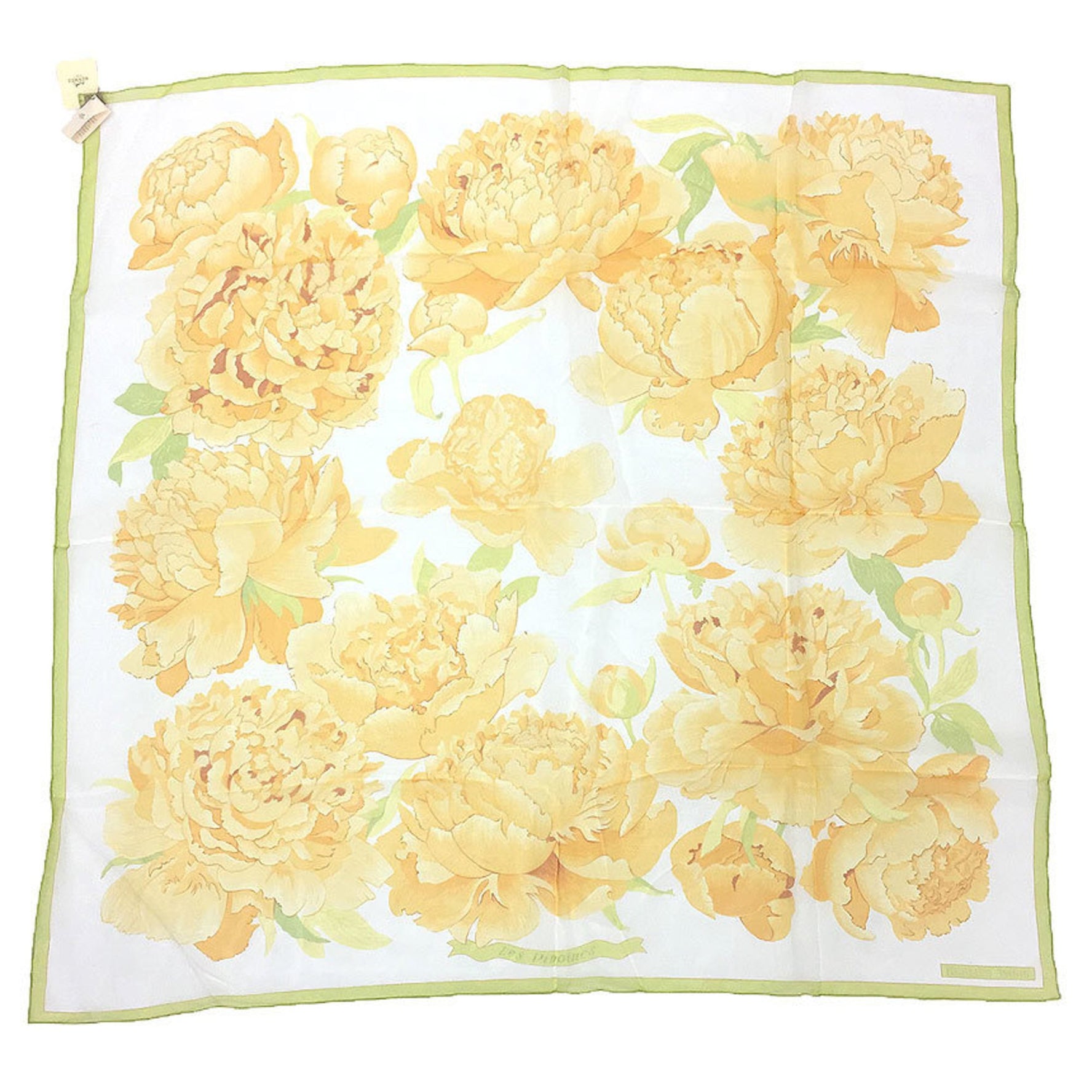 HERMES Carré 90 Scarf, Les Pivoines, Peony Design, Silk Muslin, Yellow Orange