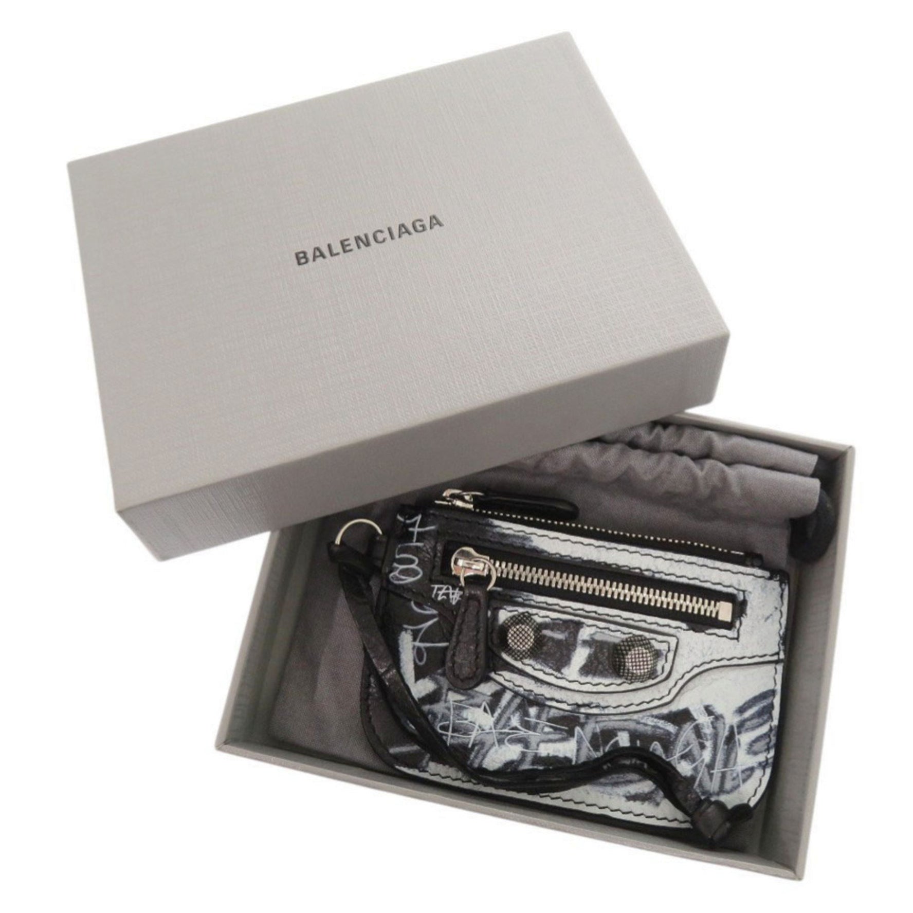 Like new Balenciaga Le Cagoule Graffiti leather coin purse in black and blue (1206)