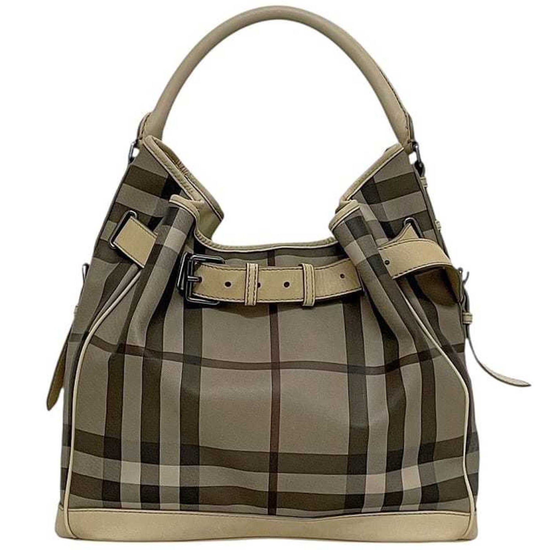 Burberry bag in beige and gray check PVC leather with a pattern belt motif. For men women.