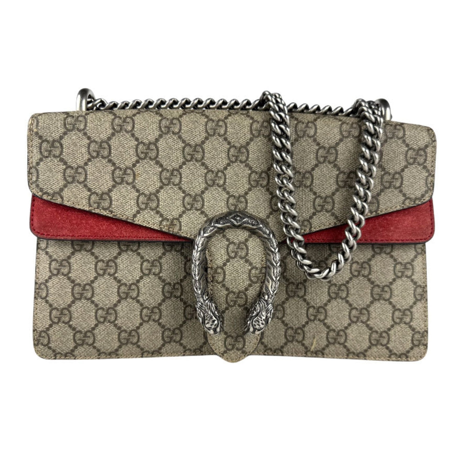 Gucci Dionysus Shoulder Bag in GG Supreme Canvas and Suede, Brown Red