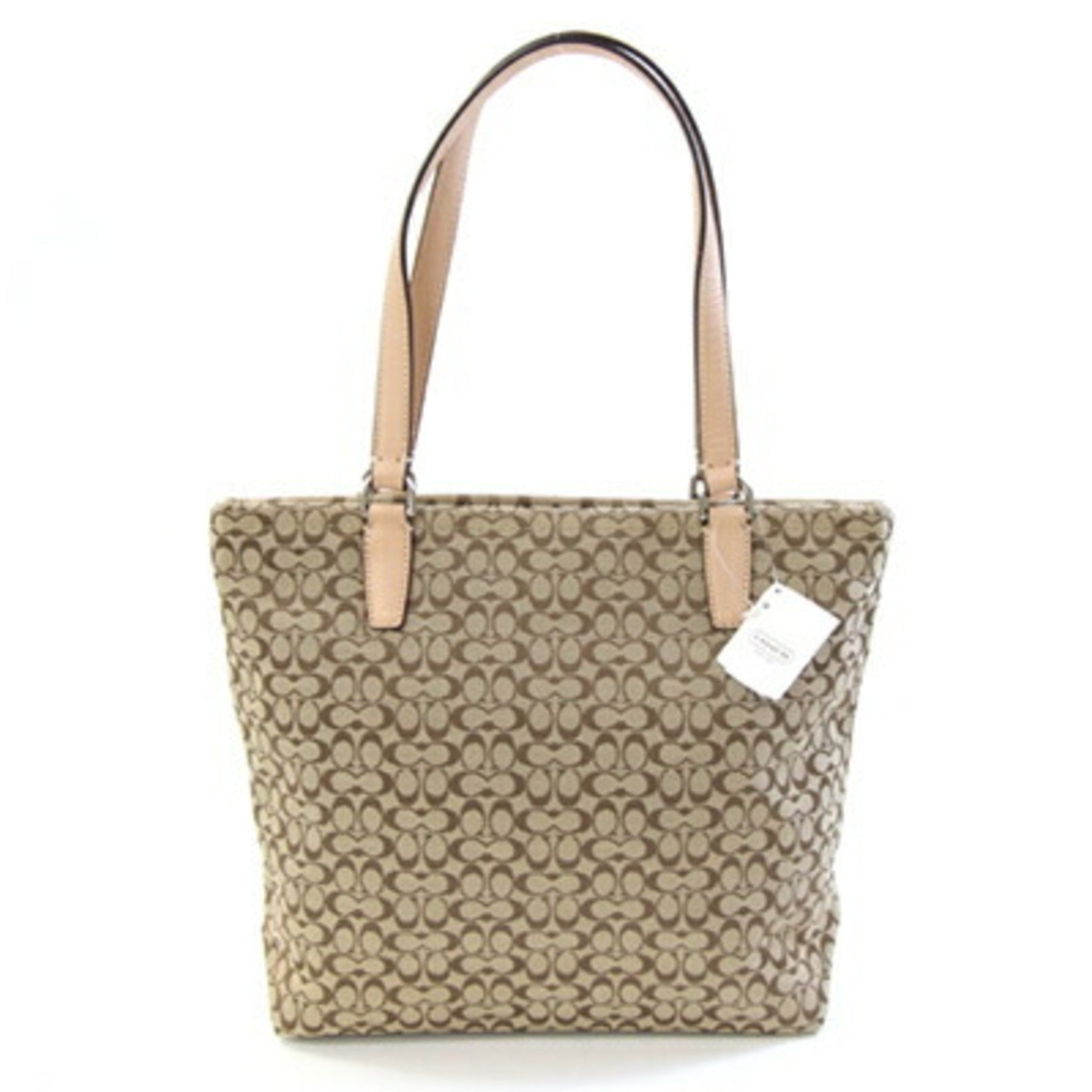 Coach Mini Signature Stripe File Tote Bag Khaki Beige Canvas Leather Shoulder