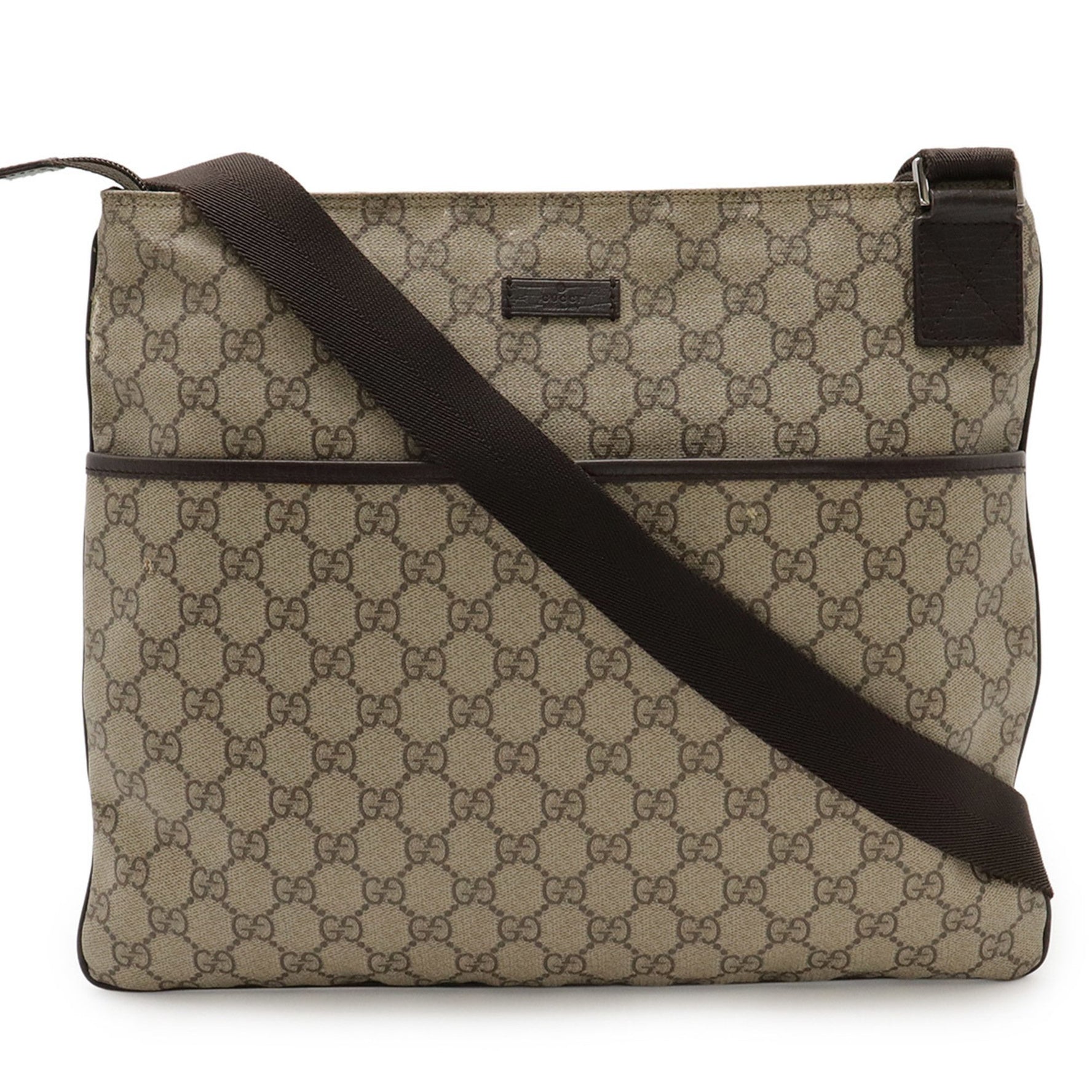 GUCCI GG Supreme Plus Shoulder Bag in PVC and Leather, Beige Dark Brown