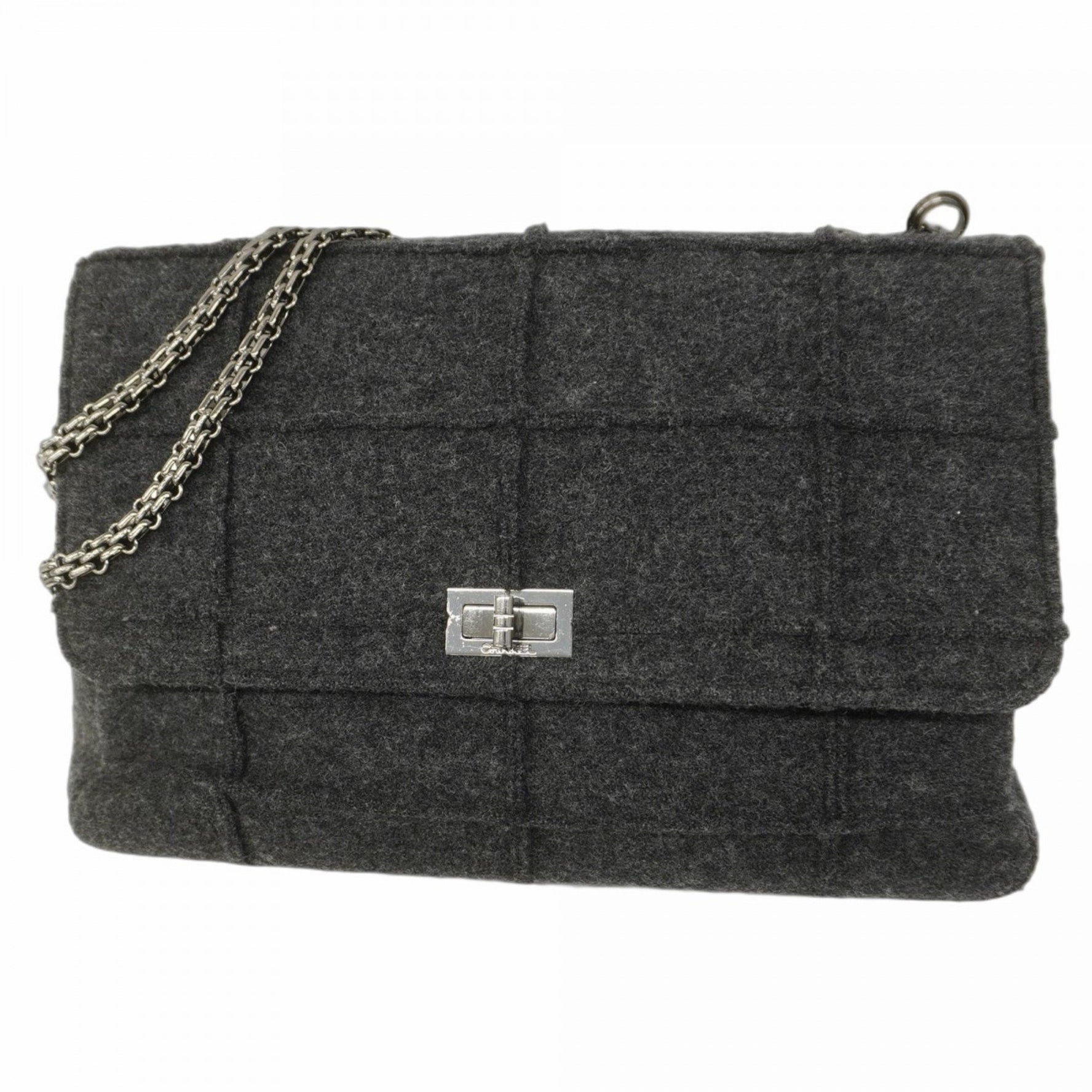 Chanel 2.55 Chocolate Bar Shoulder Bag with Double Chain, Wool, Black, Women's