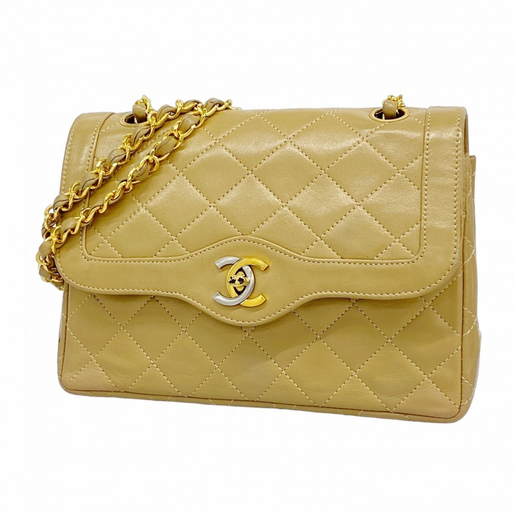 Chanel Matelasse Shoulder Bag with Double Flap and Chain, Lambskin, Beige Gold, Women's