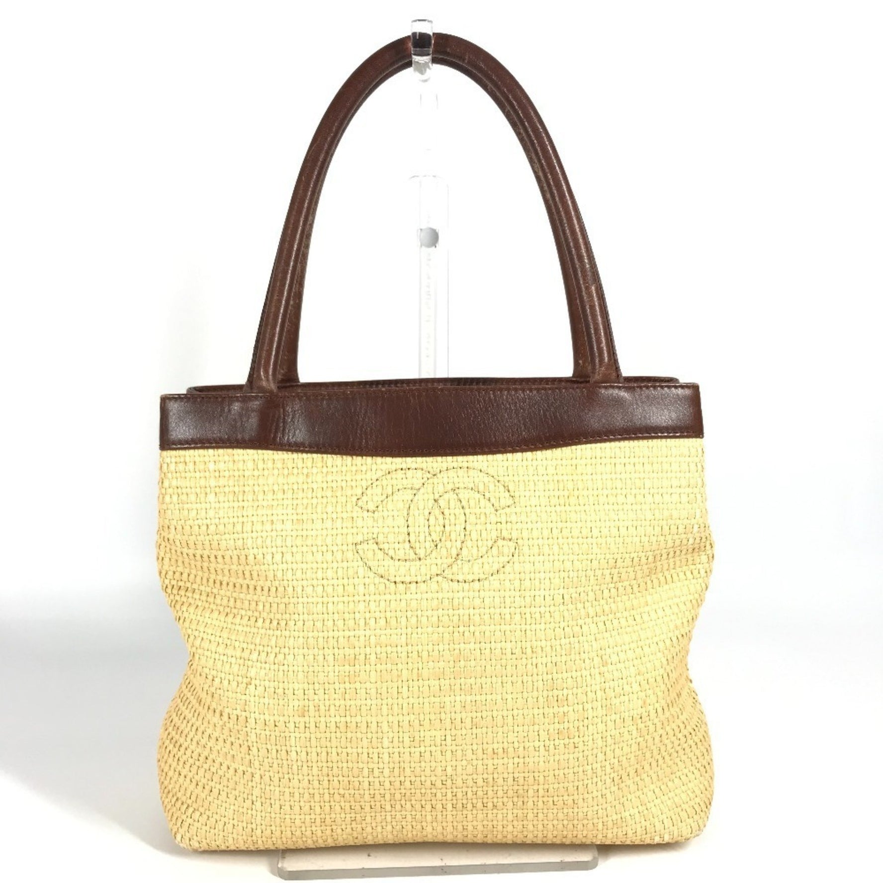CHANEL CC Coco Mark Logo Tote Bag Shoulder Raffia/Leather Beige