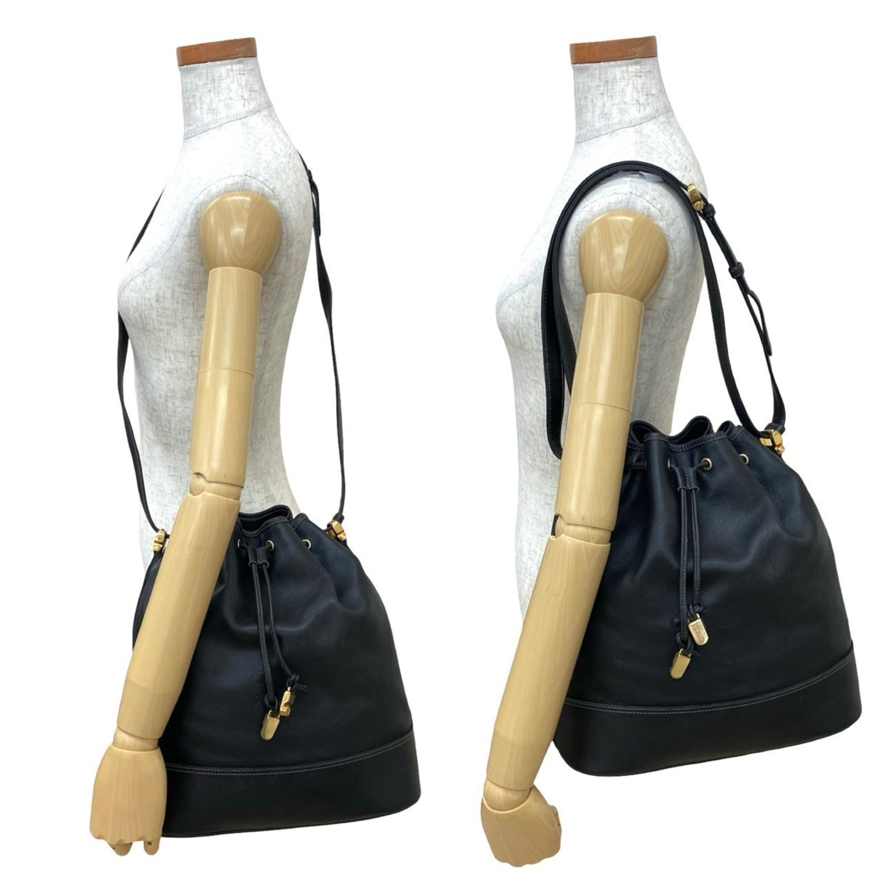 LOEWE Vintage Anagram Logo Engraved Leather Drawstring Semi-One Shoulder Bag Pochette 08635