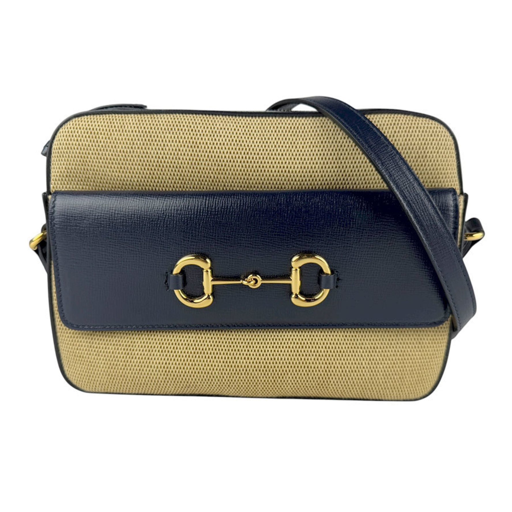 Gucci Horsebit Shoulder Bag in Canvas and Leather, Beige Brown, Navy, Gold