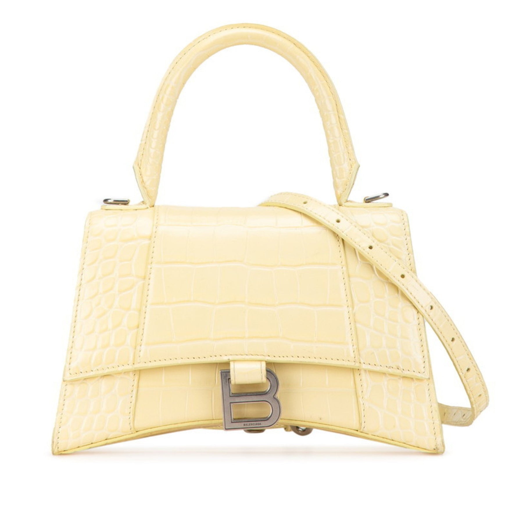 Balenciaga B Logo Hourglass Crocodile Embossed Handbag Shoulder Bag 2WAY Yellow Leather Women's BALENCIAGA