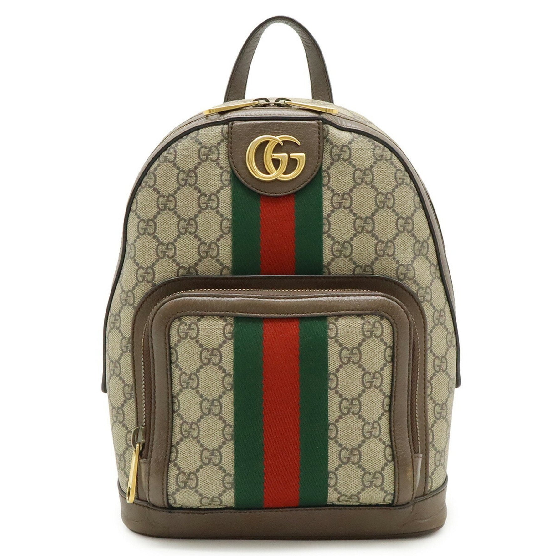 GUCCI Ophidia GG Supreme Small Backpack, Sherry Line, PVC and Leather, Beige Mocha Brown
