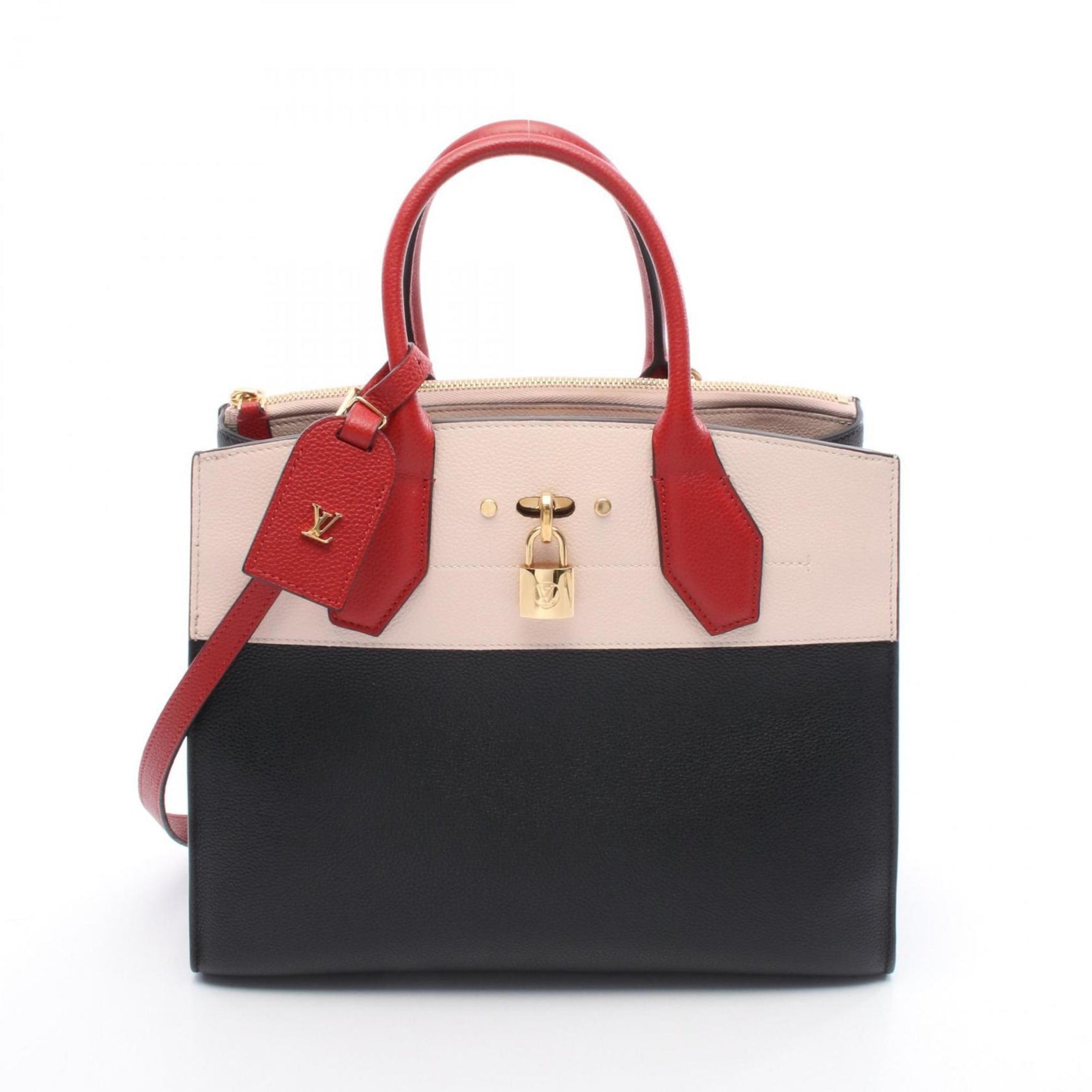 Louis Vuitton City Steamer MM Handbag, Calfskin Leather, Black/Pink/Red