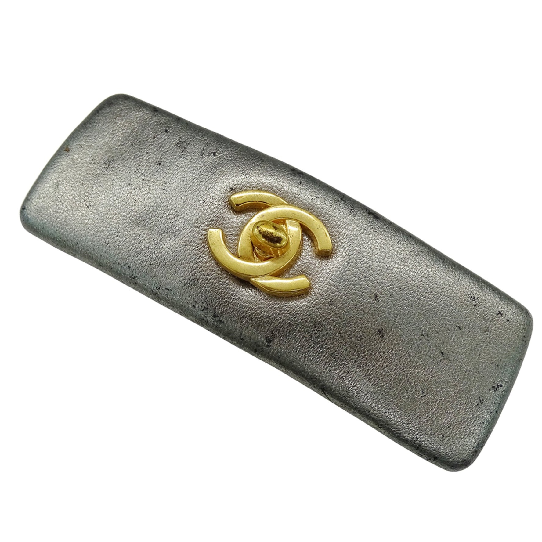 CHANEL Barrette, Leather Hair Clip with Turn Lock and Coco Mark, Metallic Gold Hardware