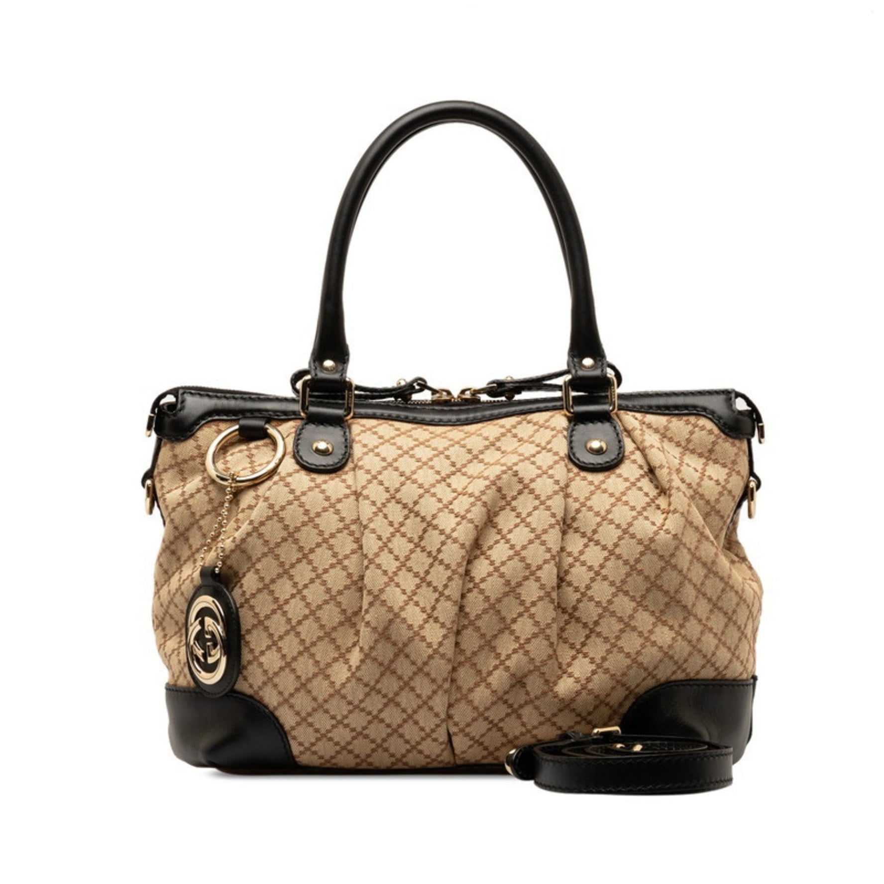 Gucci Diamante Sukey Handbag Shoulder Bag Beige Black Canvas Leather