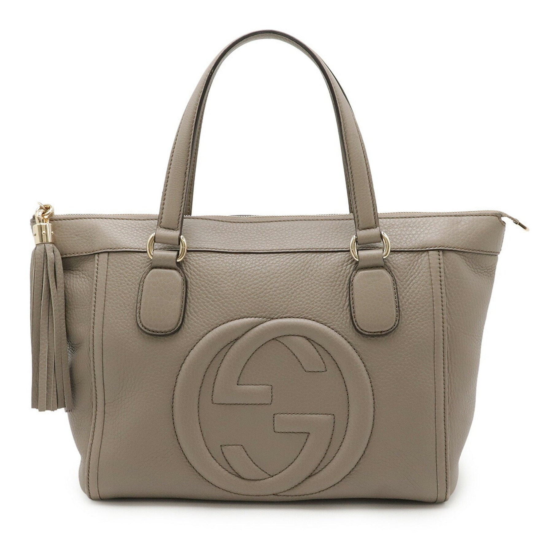GUCCI Soho Interlocking G Tote Bag Handbag Tassel Leather Light Greige