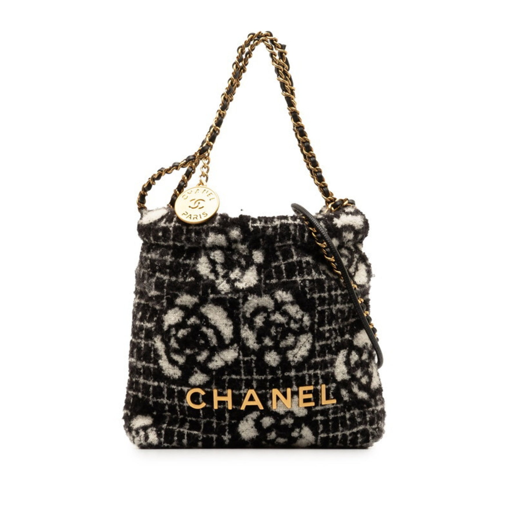 Chanel Camellia Coco Mark Chain Tote Bag Shoulder Black White Cotton
