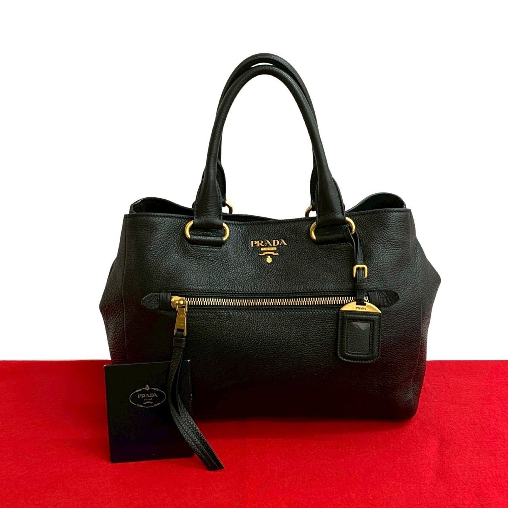 PRADA logo gold hardware leather handbag mini tote bag Boston