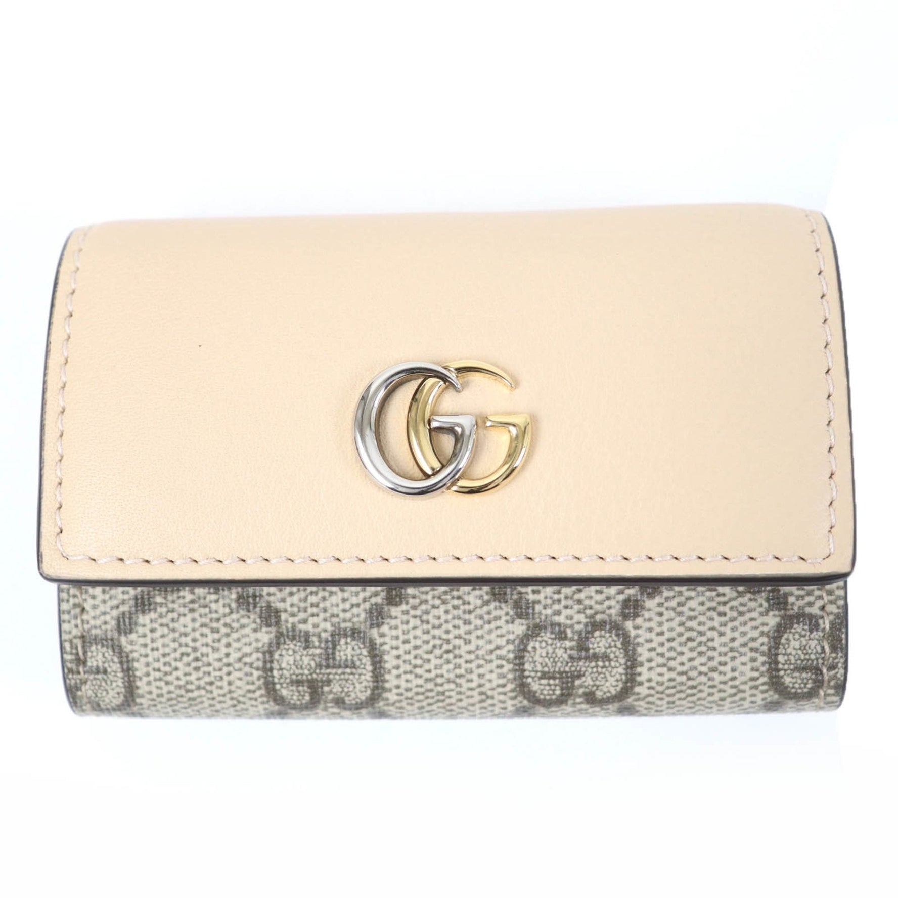 GUCCI Double G Key Case in Beige Leather and GG Supreme Canvas, Includes Box Dust Bag, Made Italy