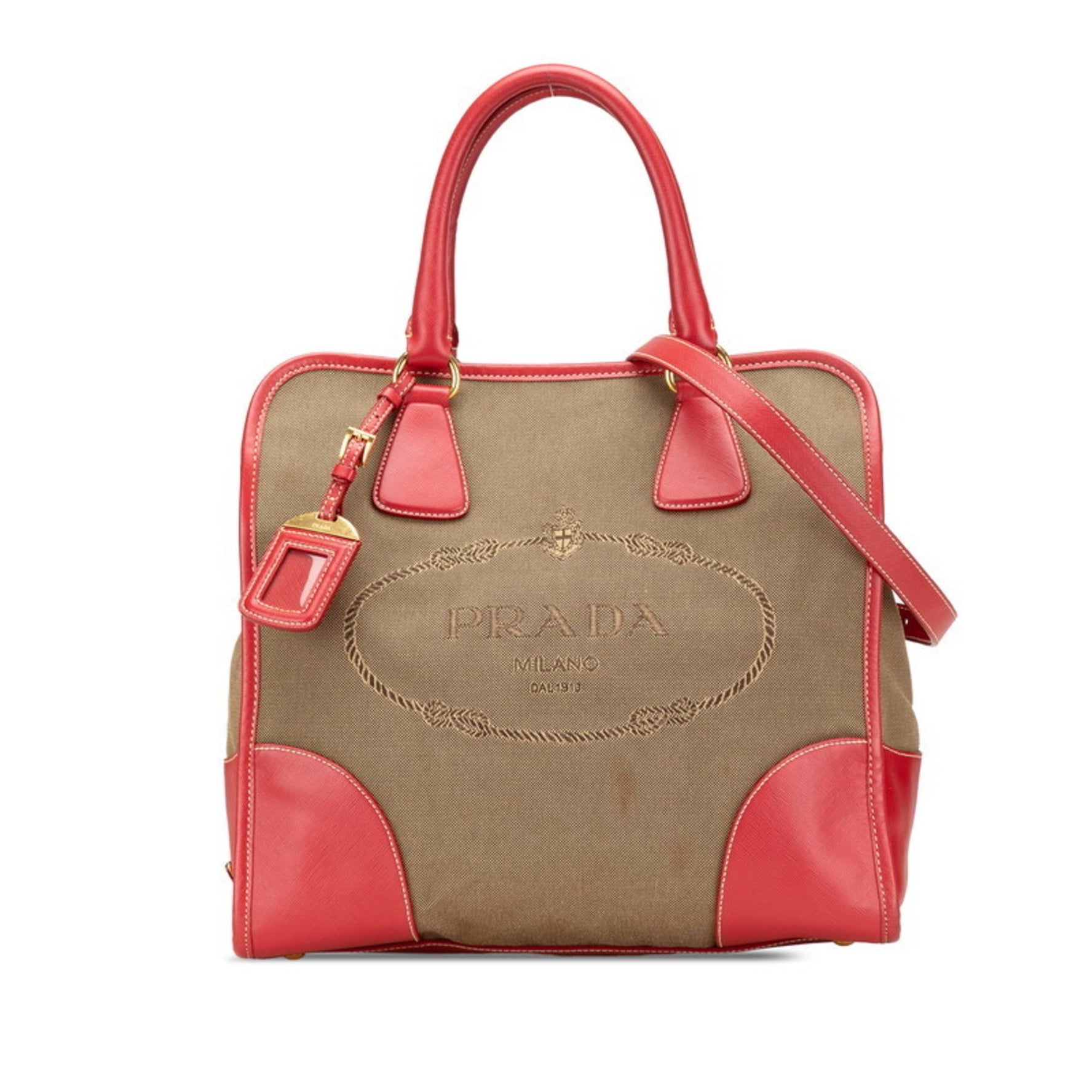 Prada Triangle Plate Saffiano Handbag Shoulder Bag Red Beige Canvas Leather Women's PRADA