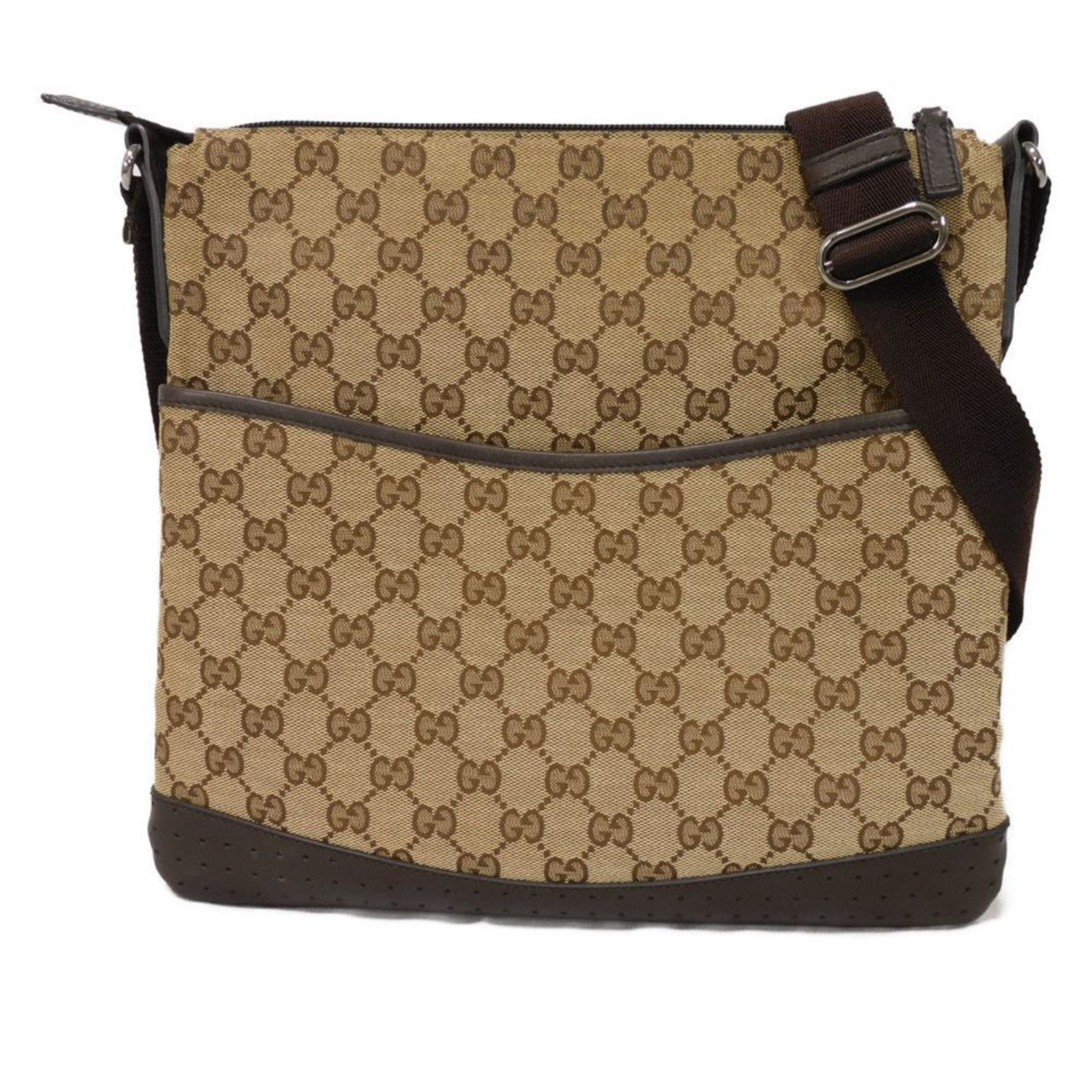 Gucci shoulder bag, perforated leather, embossed calfskin, brown, GG canvas, .