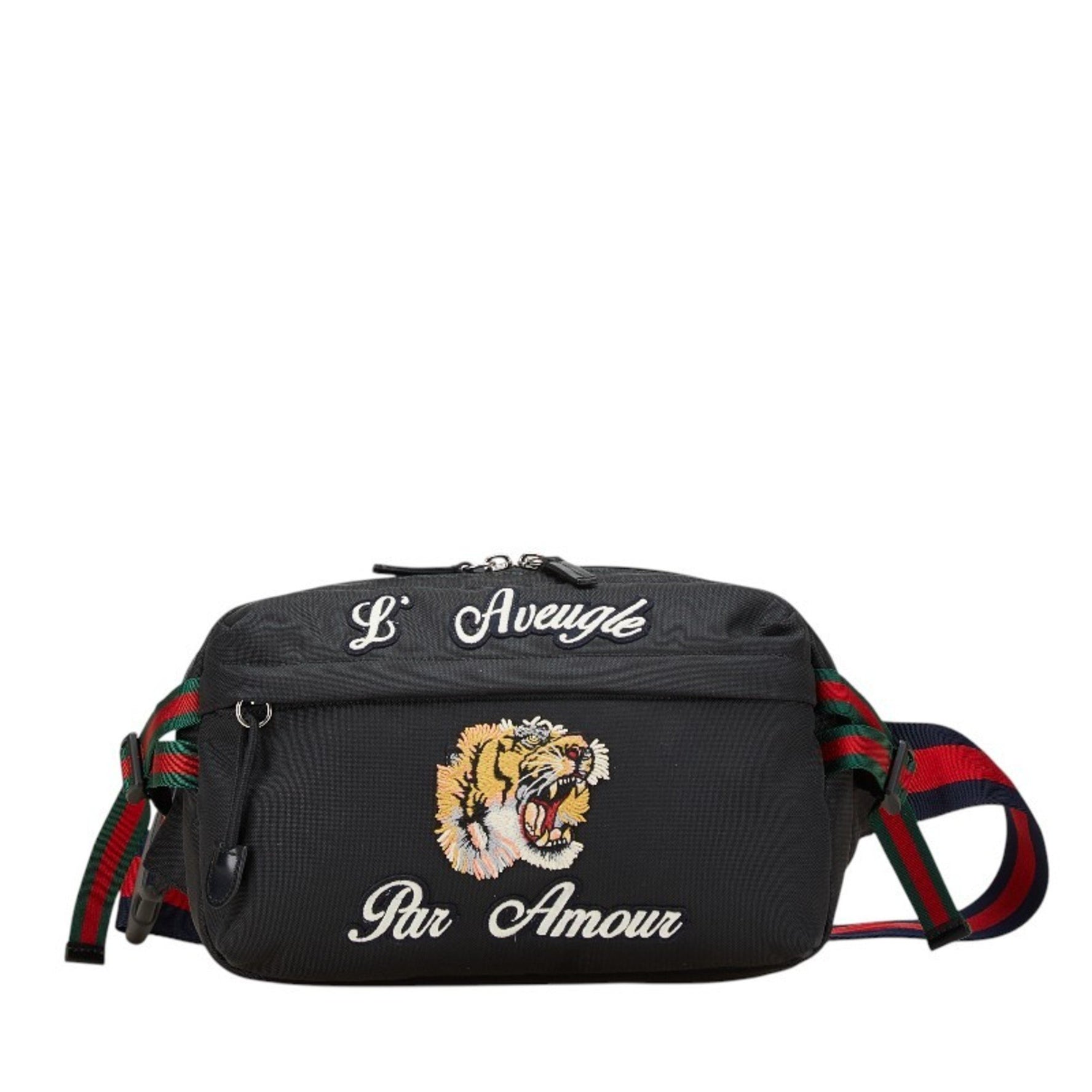 Gucci Sherry Line Tiger Embroidery Body Bag/Waist Bag Black Canvas and Leather Women's GUCCI
