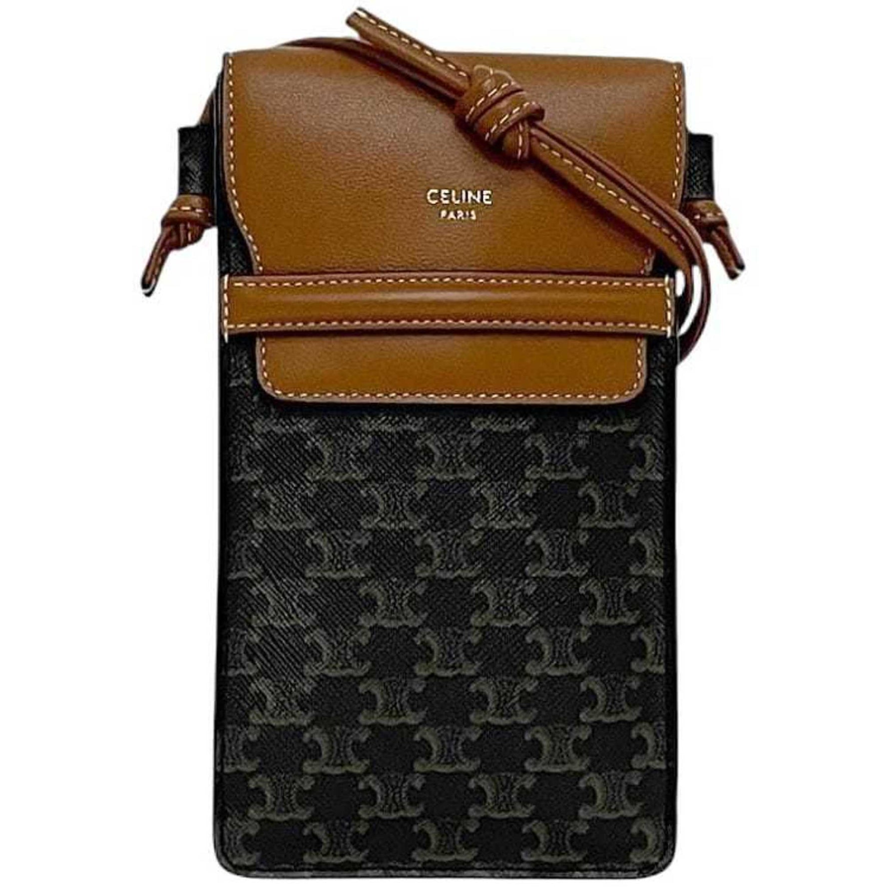Celine Phone Shoulder Bag Black Brown Triomphe Pochette PVC Leather Crossbody Smartphone Case