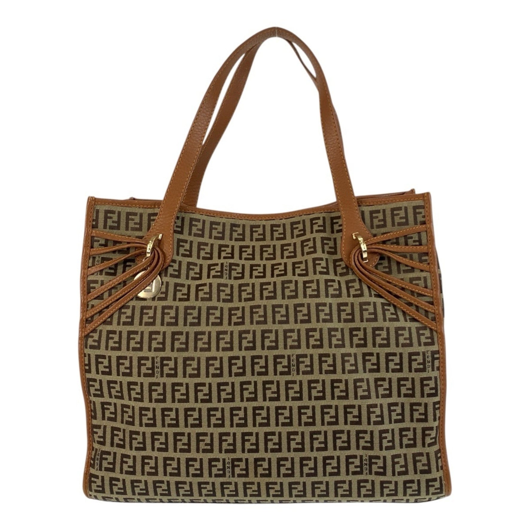 FENDI Zucchino Gold Hardware Canvas Leather Tote Bag Shoulder