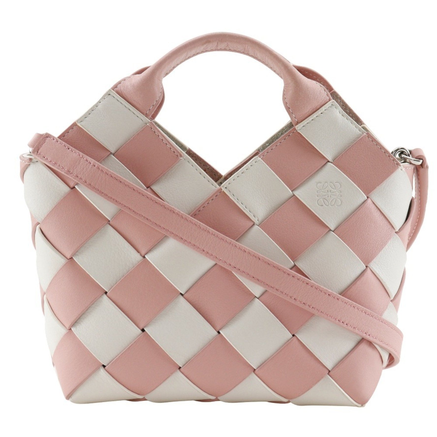 LOEWE Woven Basket Small Handbag in Calfskin, Pink/White